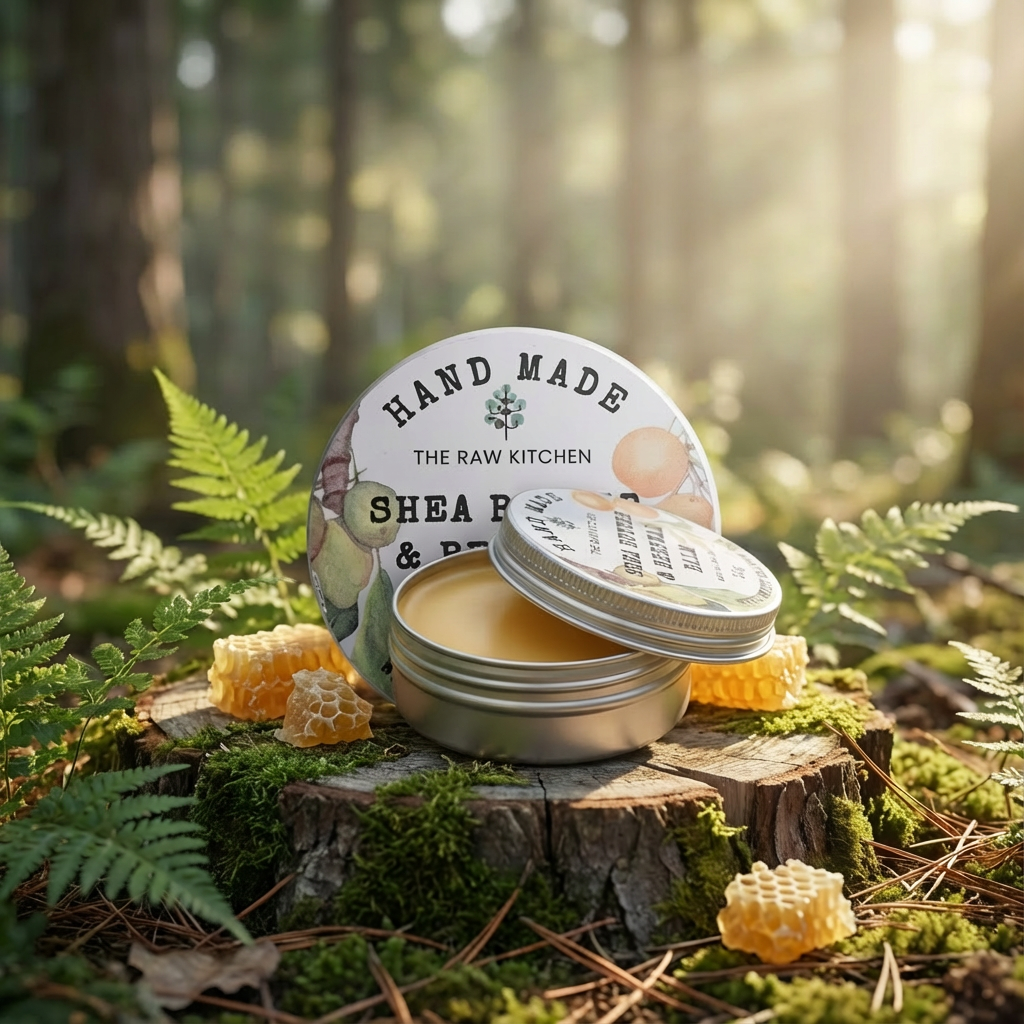Shea butter balm with honeycomb on a wooden stump in a forest setting