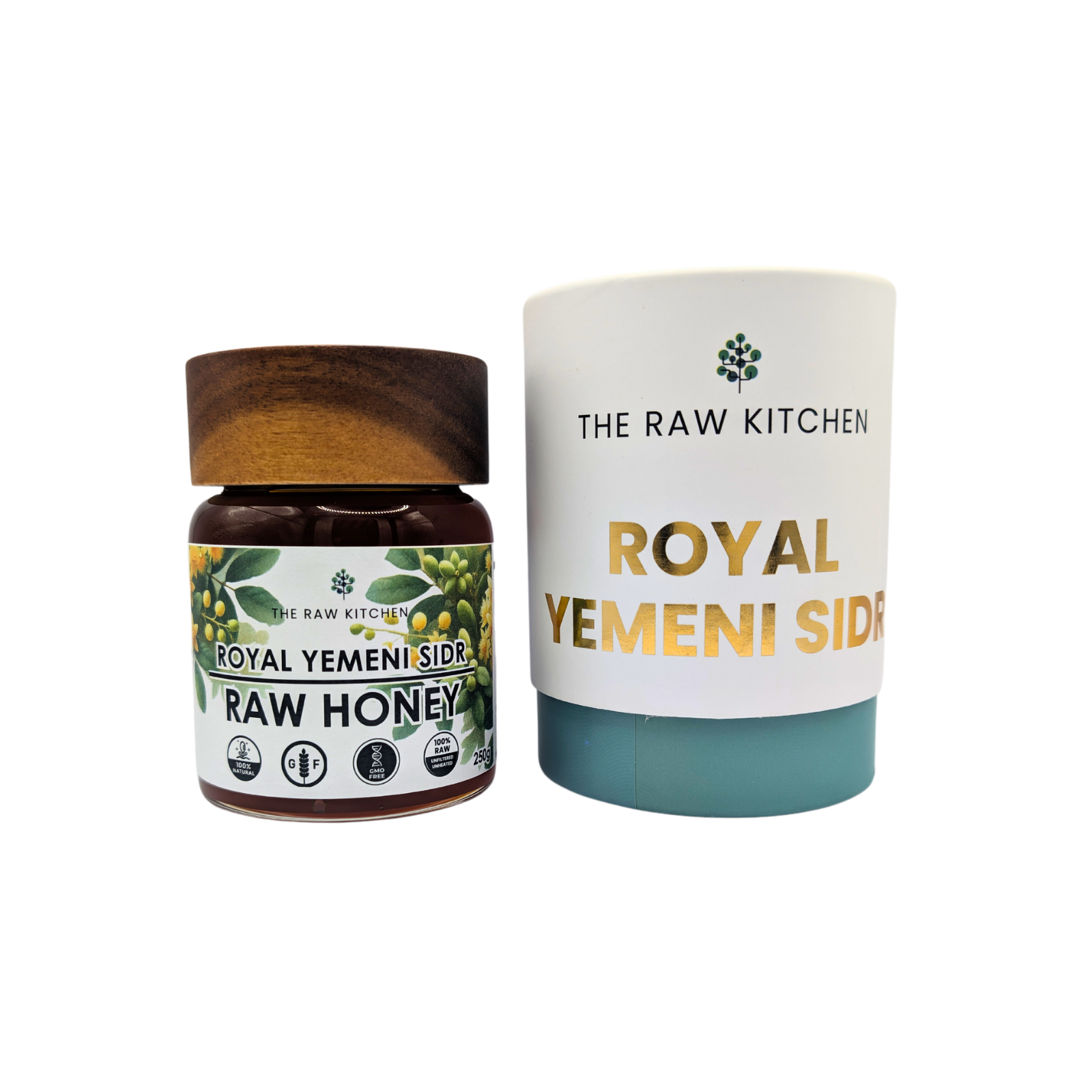 A 250g glass jar of Royal Yemeni Sidr Raw Honey with a Wooden lid and branded label next to a white branded box - The Raw Kitchen UK.