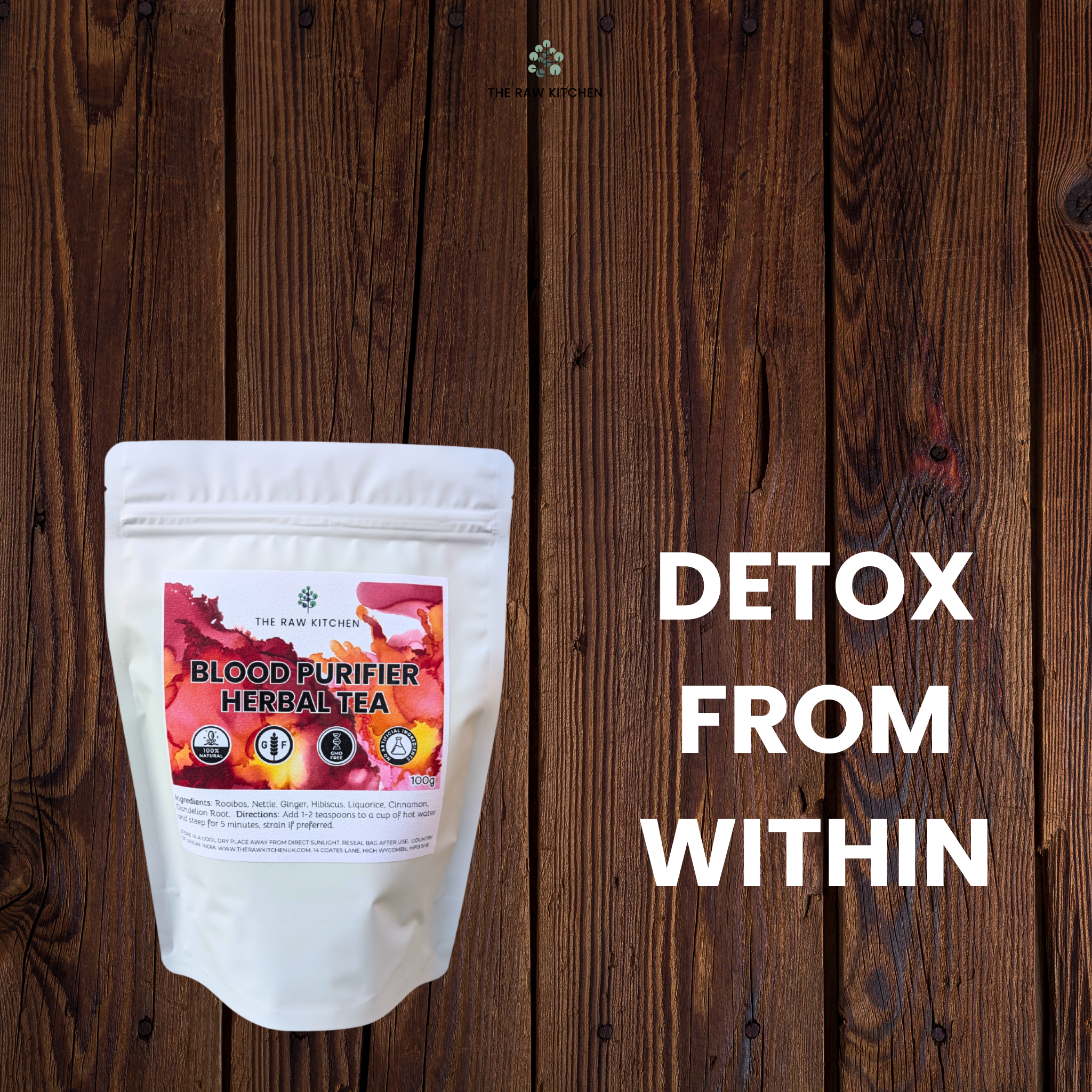 The pouch of Blood Purifier Herbal Tea from The Raw Kitchen UK with the marketing message "Detox From Within".