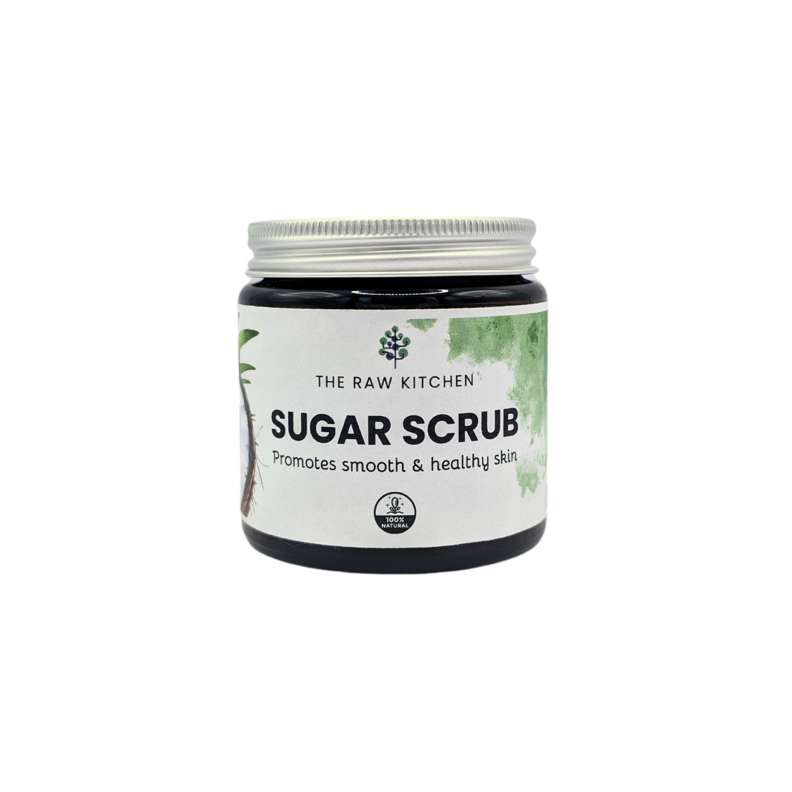 A jar of natural Sugar Scrub from The Raw Kitchen UK, which promotes smooth and healthy skin.
