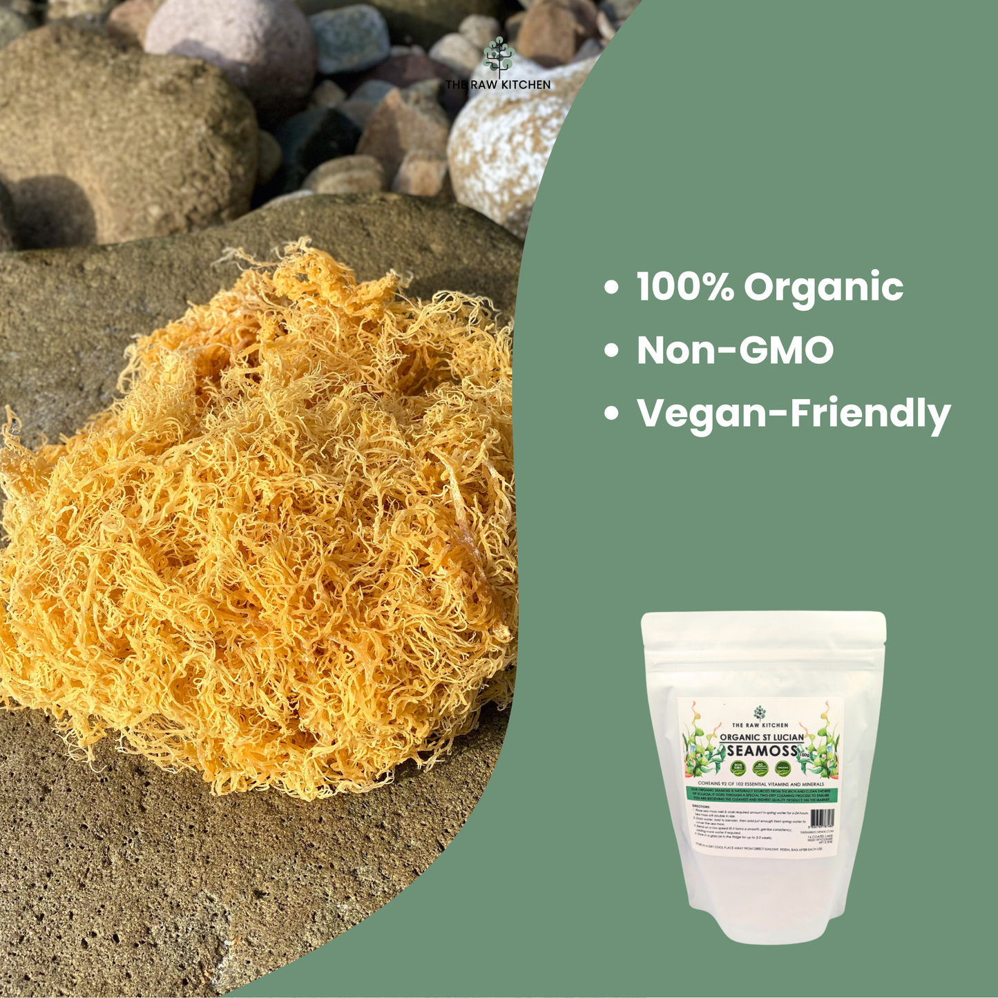 A close-up of raw, dried Organic Seamoss on a rock, with text highlighting its benefits: 100% Organic, Non-GMO, and Vegan-Friendly - The Raw Kitchen UK.