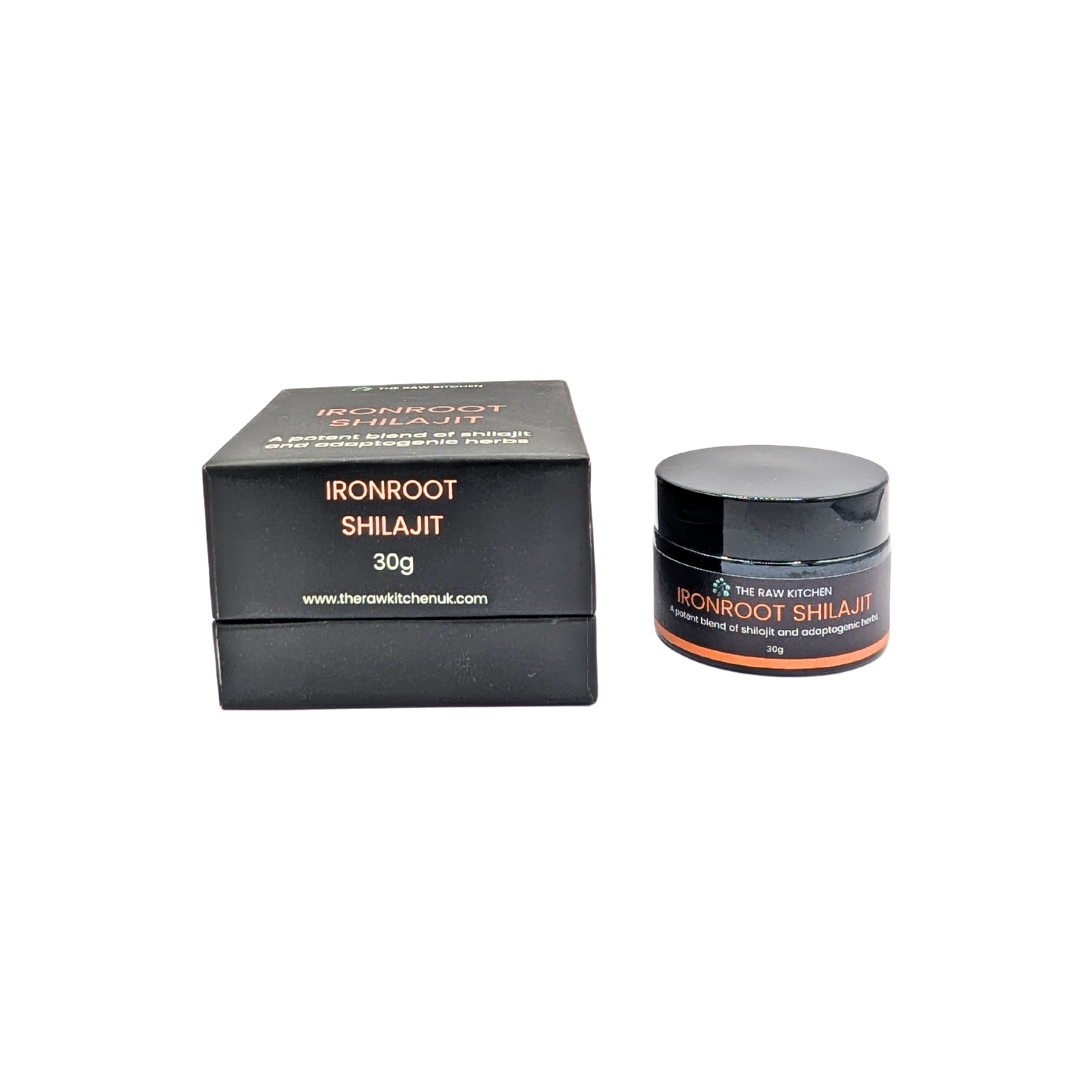 The 30g jar of Ironroot Shilajit shown next to its black product packaging box - The Raw Kitchen UK.