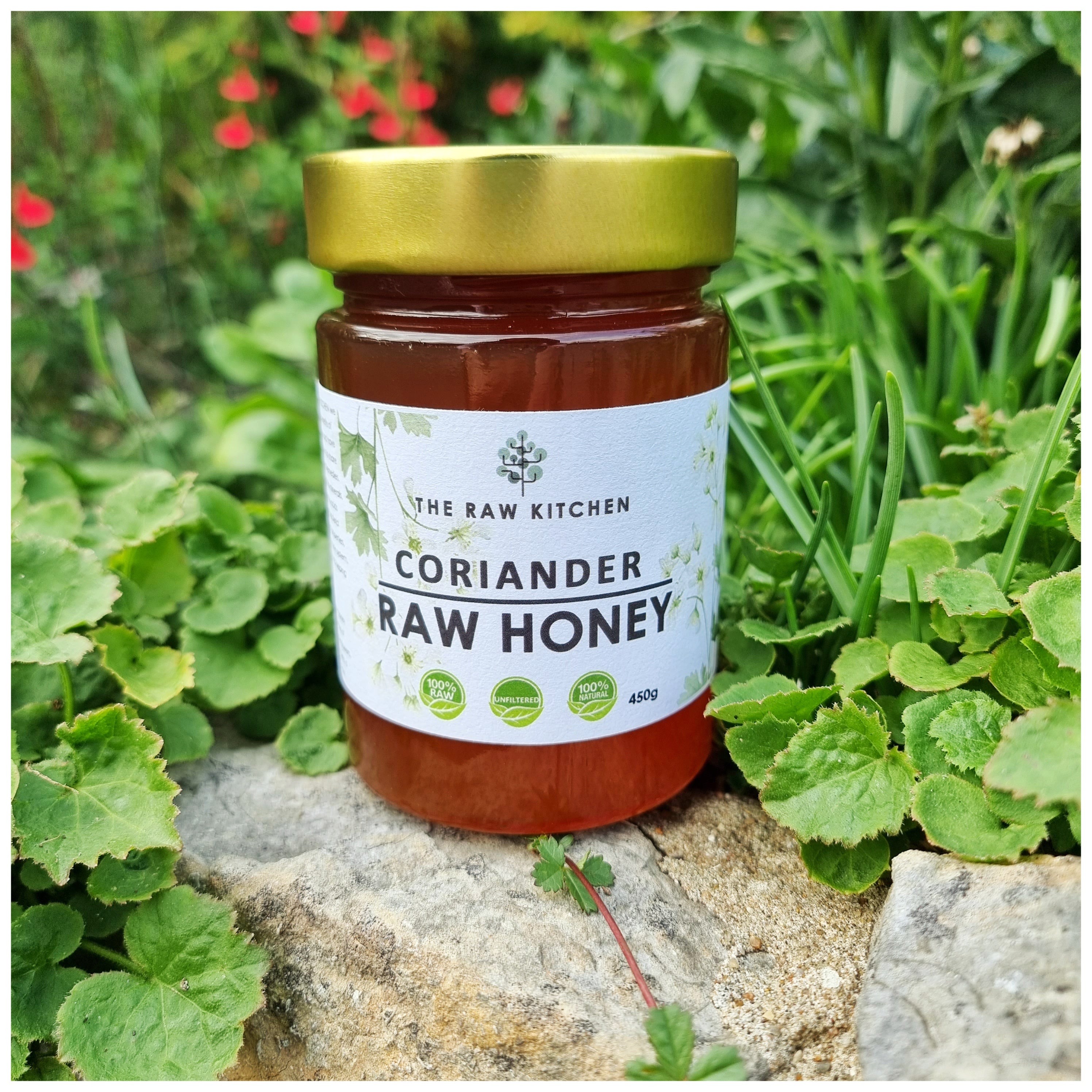 A 450g glass jar of Coriander Raw Honey with a gold lid and branded label placed on a rock infront of some plants - The Raw Kitchen UK.