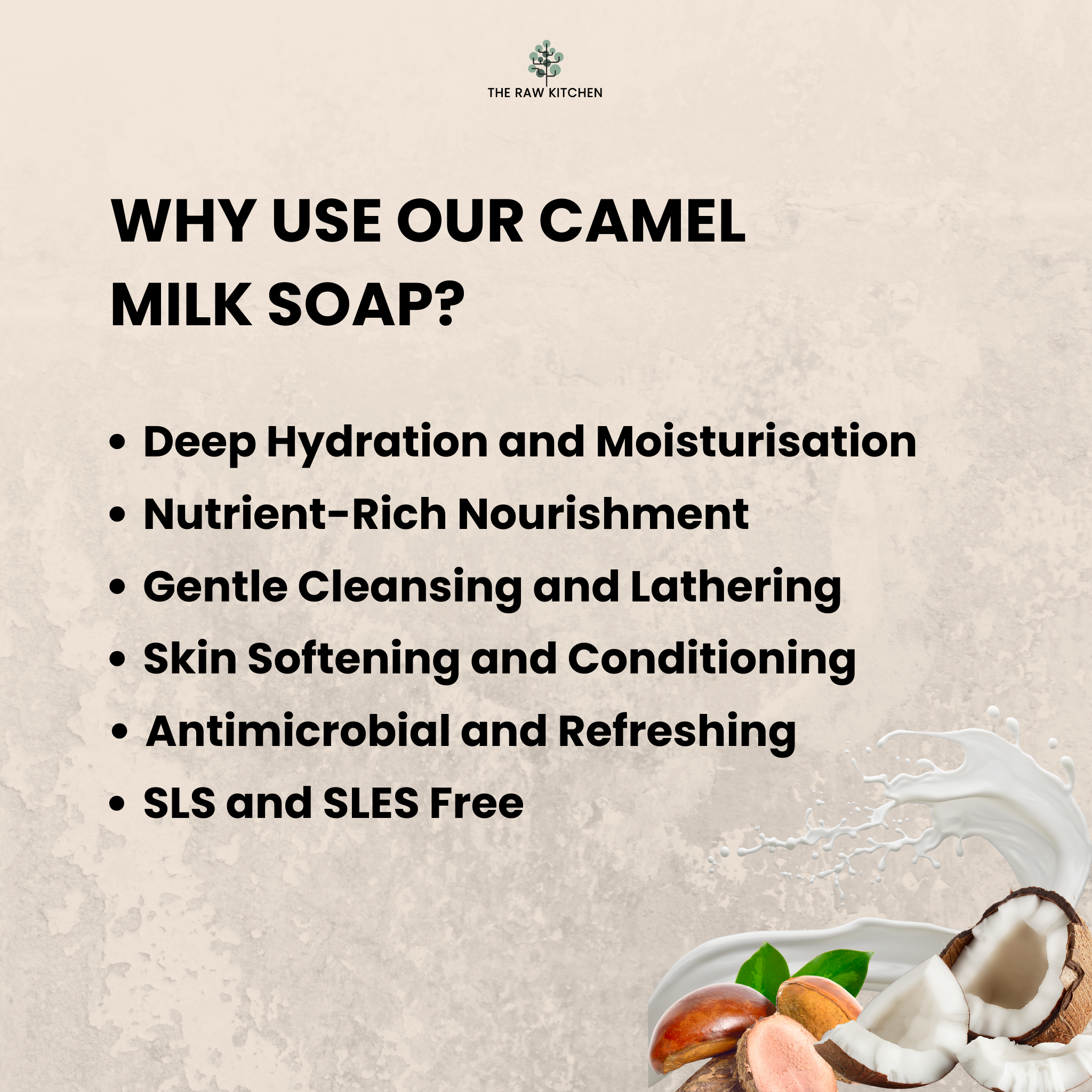 An infographic listing the benefits of using Camel Milk Soap from The Raw Kitchen UK, including deep hydration, gentle cleansing, and being SLS & SLES free.