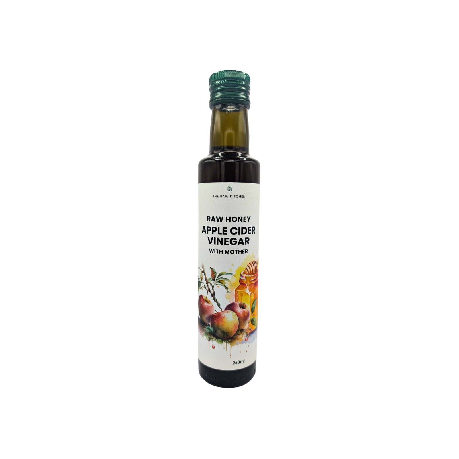 A 250ml bottle of Raw Honey Apple Cider Vinegar with Mother - The Raw Kitchen UK.