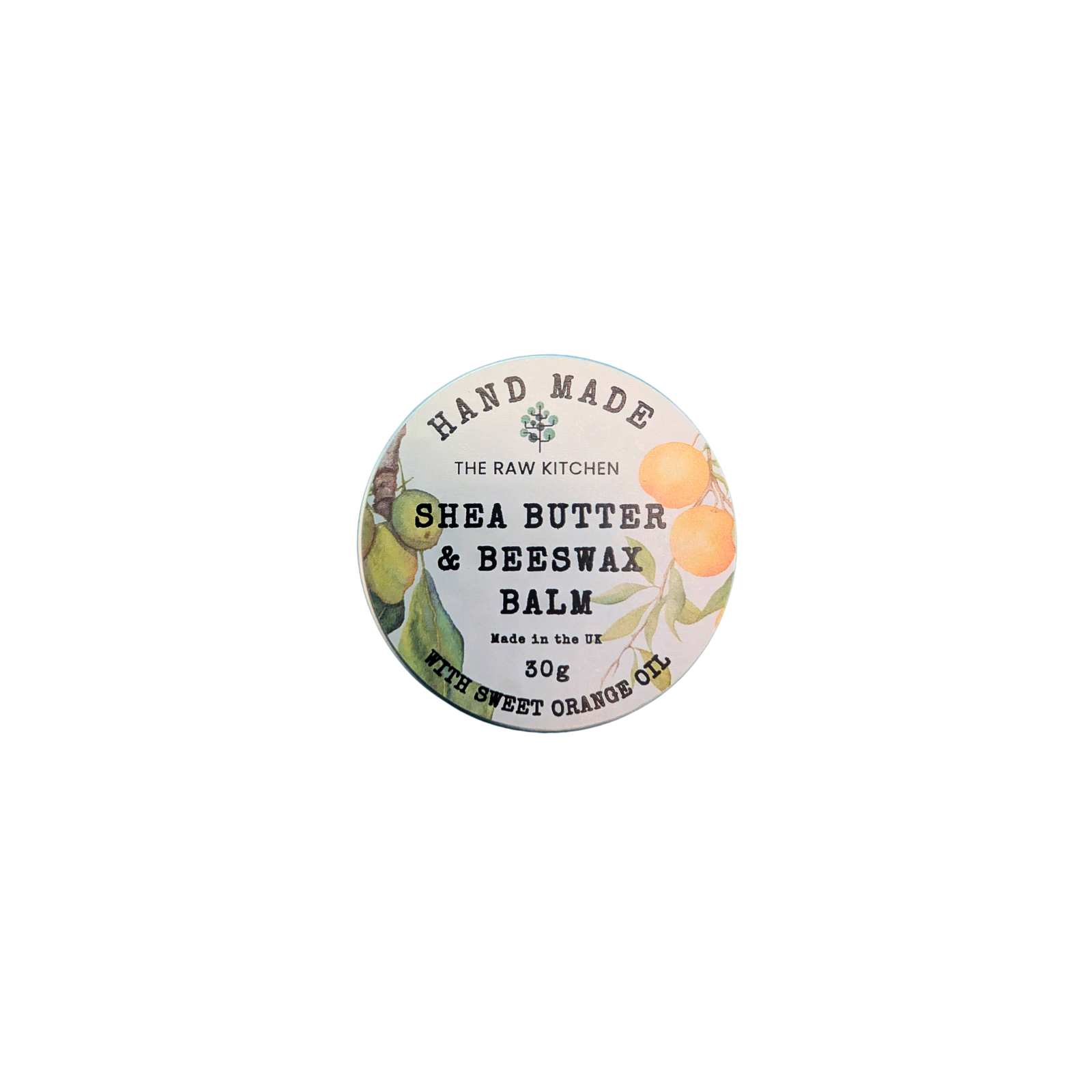 The product label for the handmade Shea Butter & Beeswax Balm with Sweet Orange Oil (30g) - The Raw Kitchen UK.