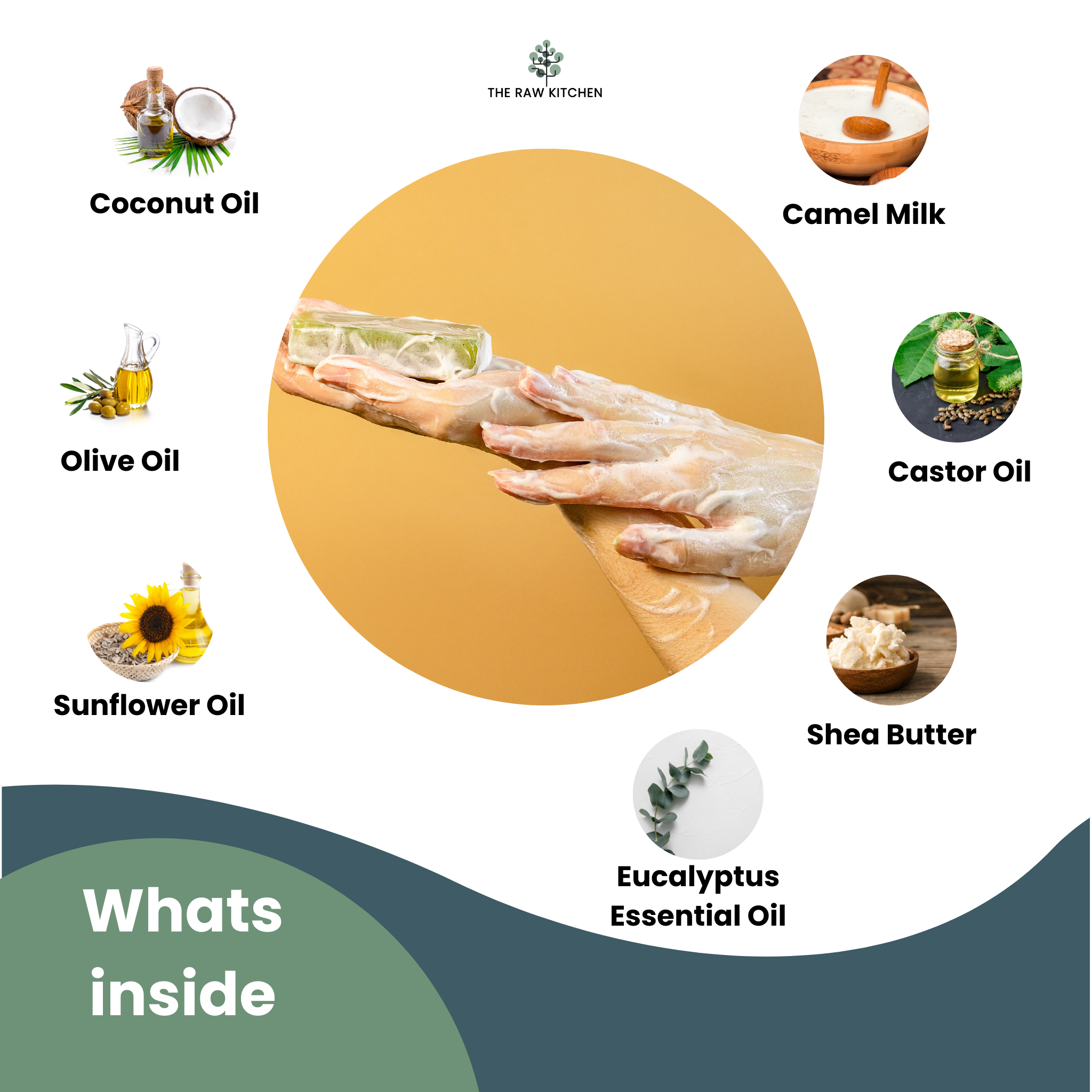 An infographic showing the natural ingredients of The Raw Kitchen UK's soap, including Camel Milk, Shea Butter, Coconut Oil, and Olive Oil.