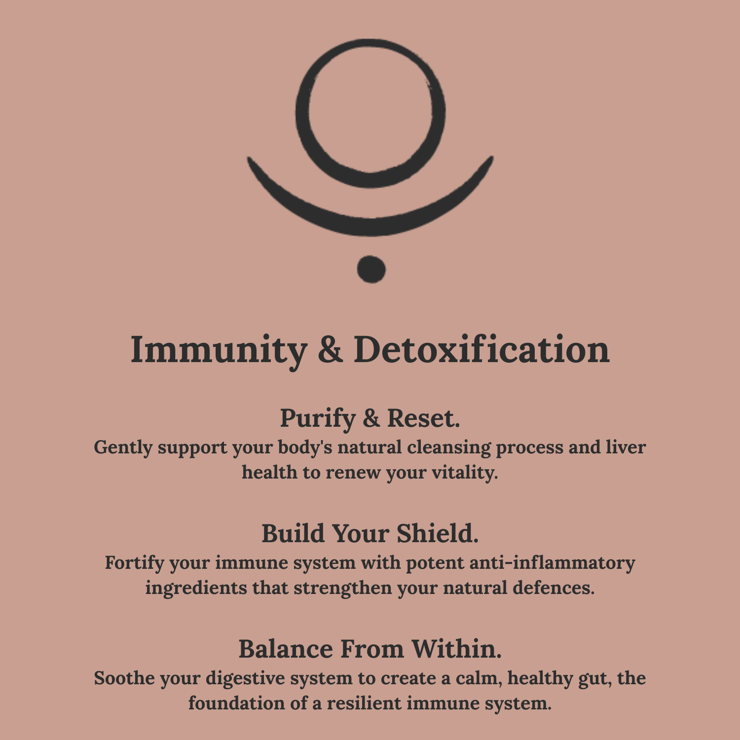 Text on a pink background about immunity and detoxification with a symbol above the text.