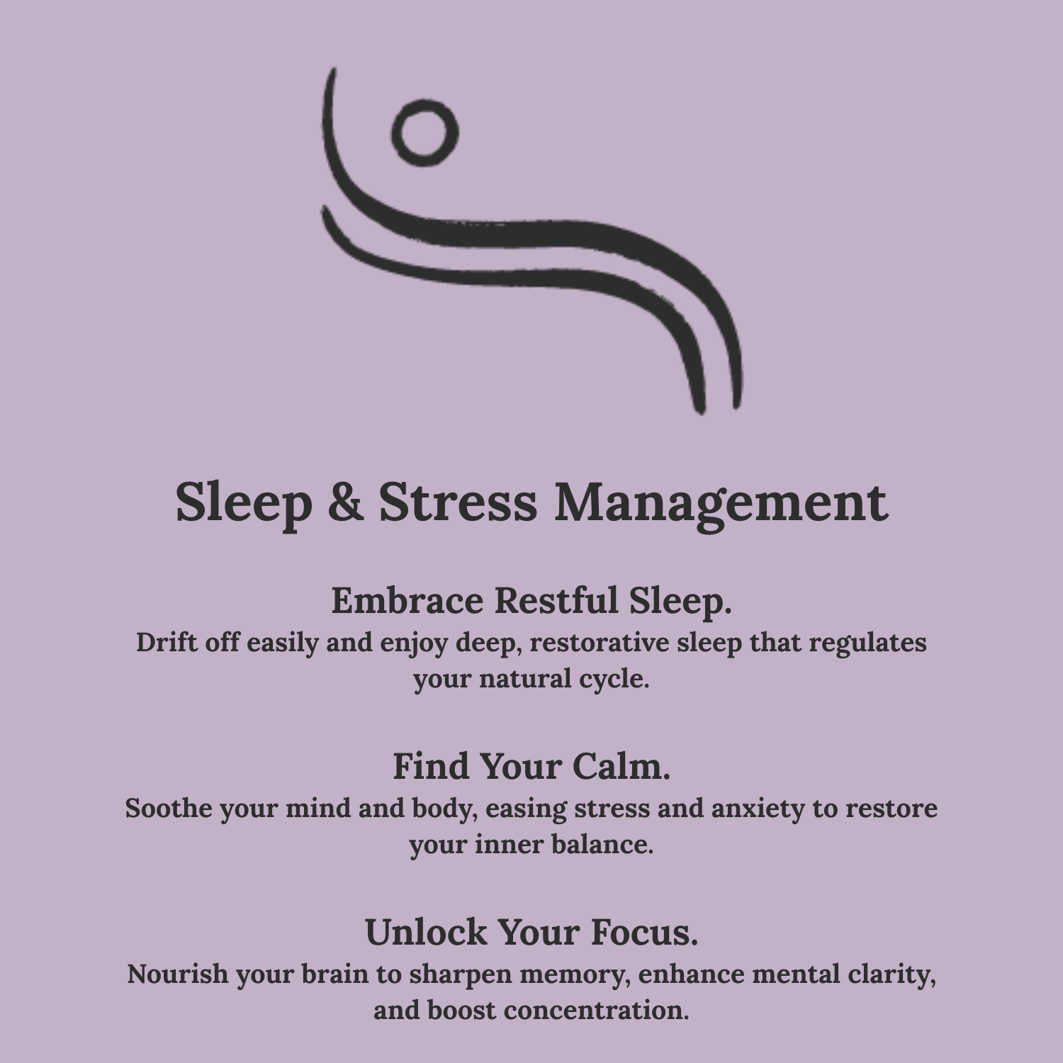 Sleep and stress management text with a silhouette of a person on a purple background