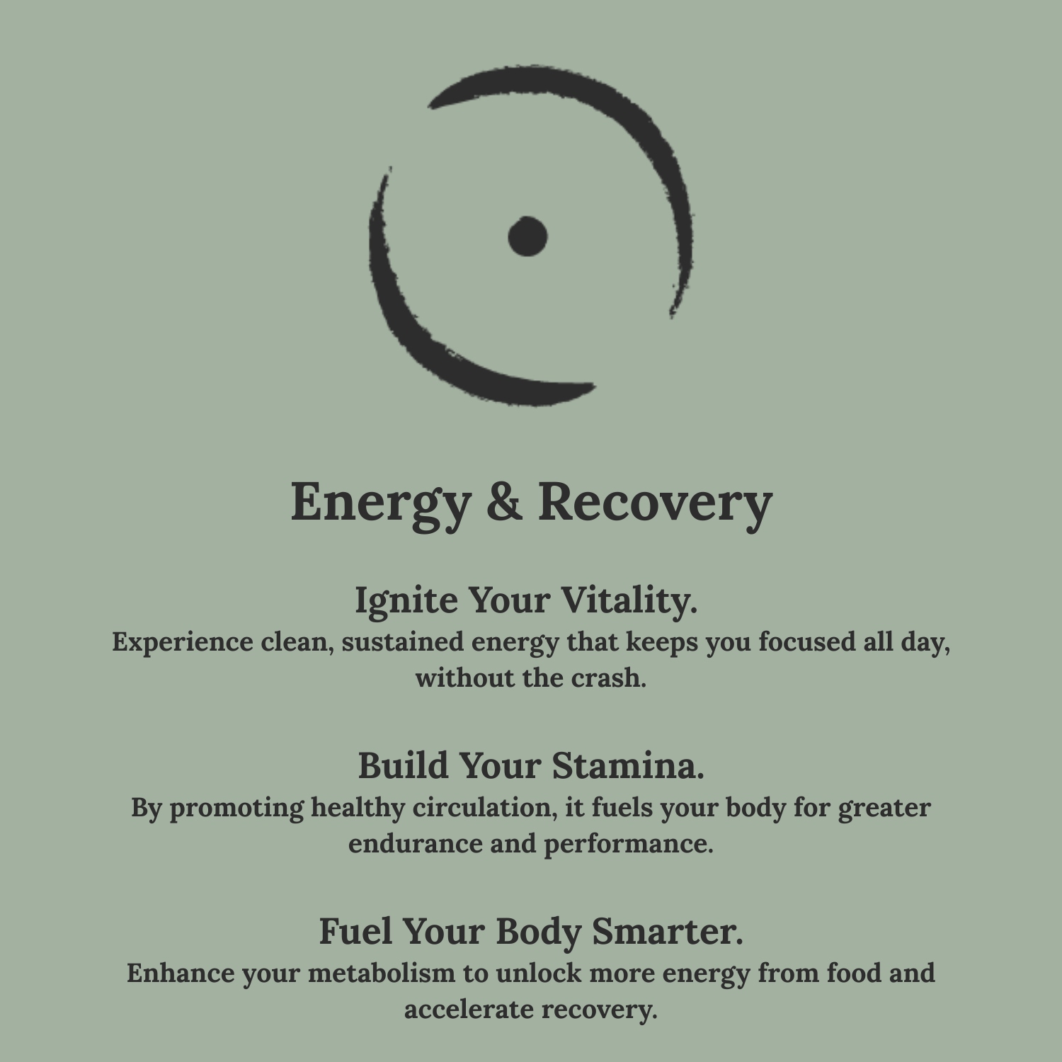 Text on a green background about energy and recovery with a symbol.