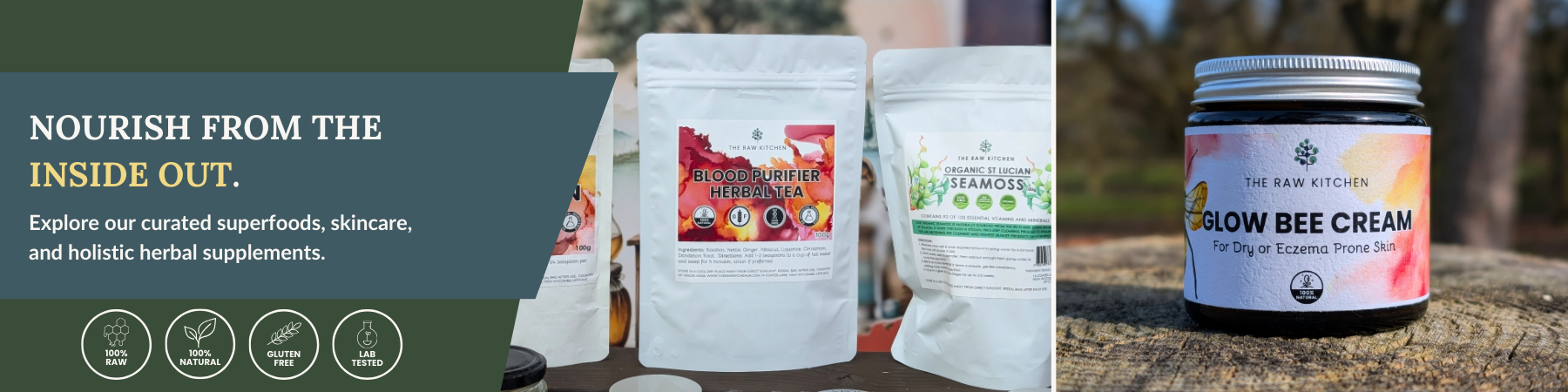 Supplement products including jars and a container with branding on a natural background.