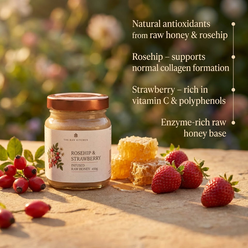 Rosehip & Strawberry Infused Raw Honey | 450g | Bright & Fruity Blend