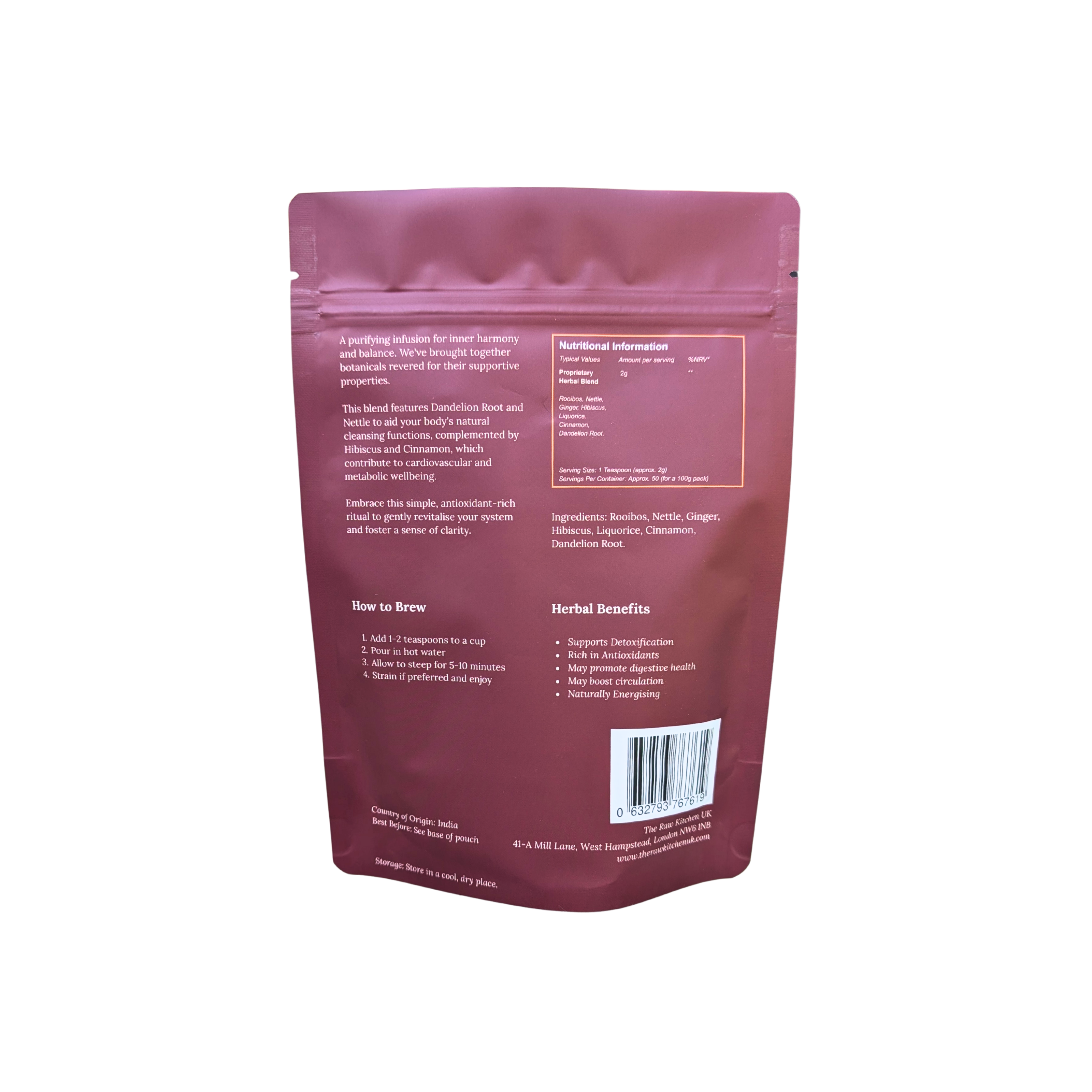Maroon tea packaging with text and a barcode on a white background