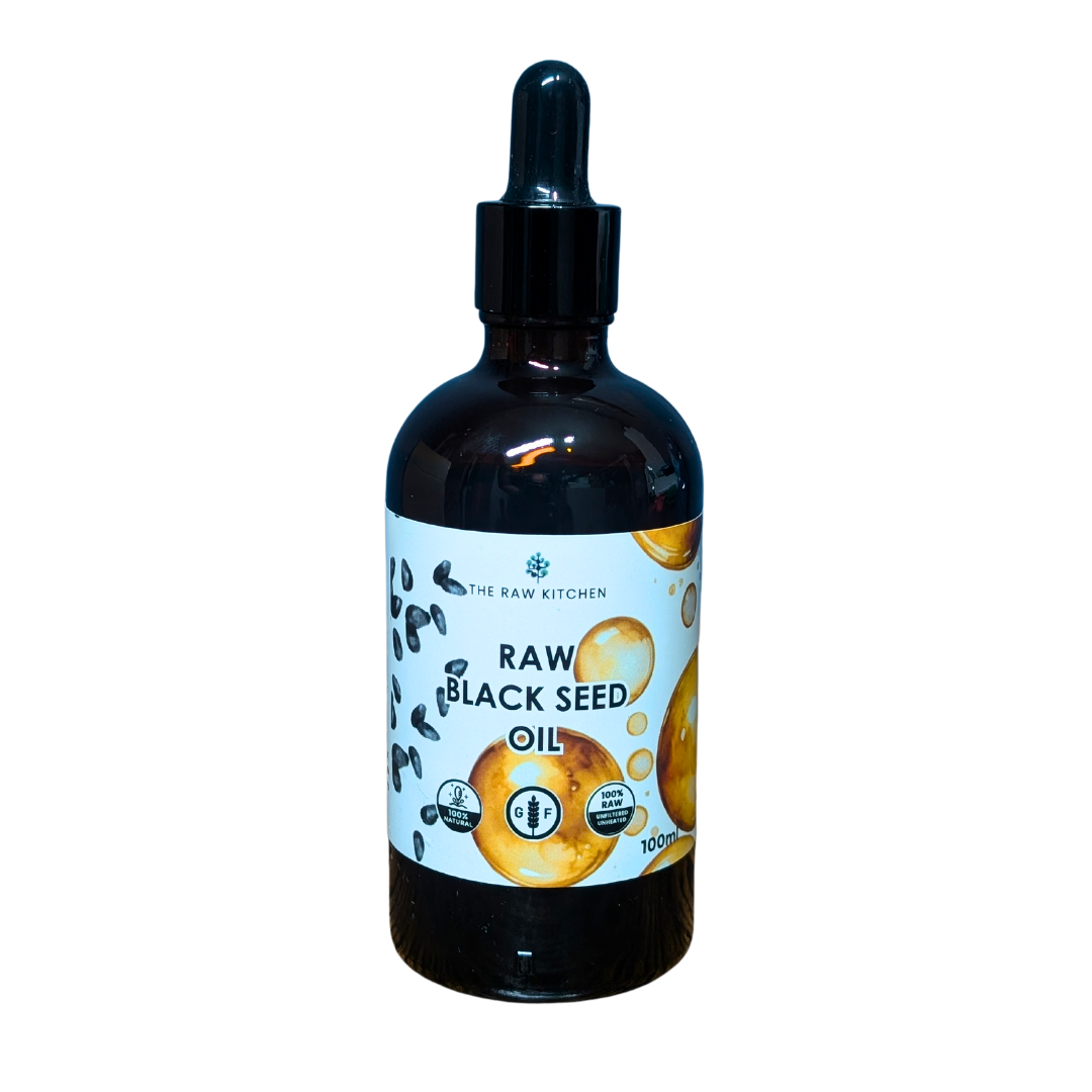 A 100ml bottle of Raw Black Seed Oil - The Raw Kitchen UK.