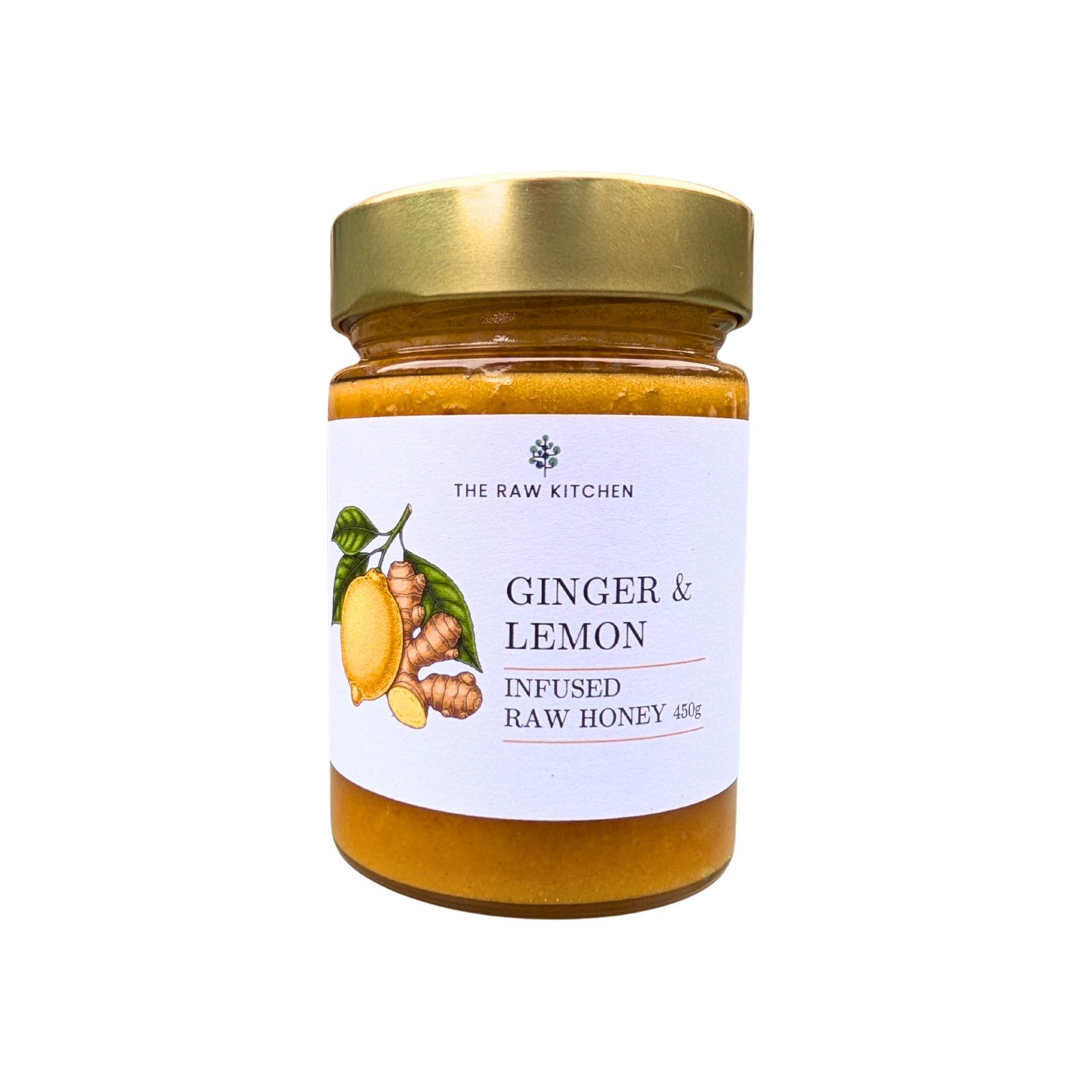 Jar of Ginger & Lemon Infused Raw Honey from The Raw Kitchen on a white background