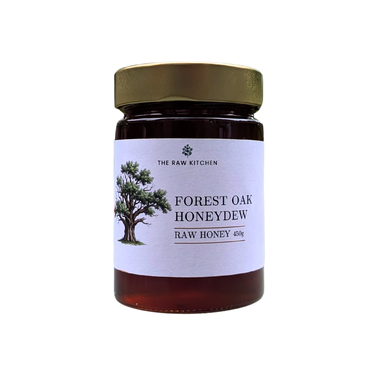 Jar of Forest Oak Honeydew raw honey from The Raw Kitchen on a white background
