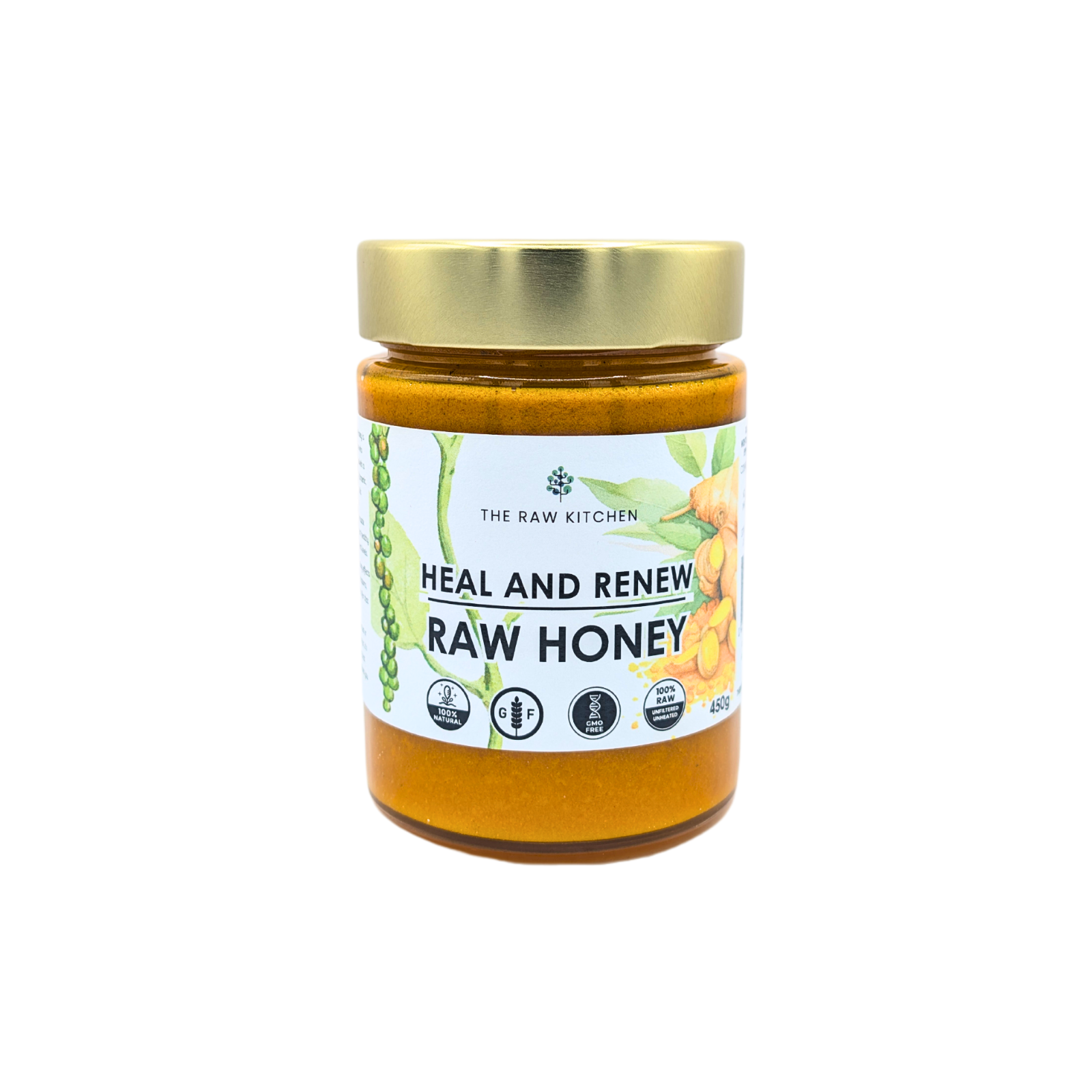A 450g glass jar of Heal & Renew Raw Honey with a gold lid and branded label - The Raw Kitchen UK.