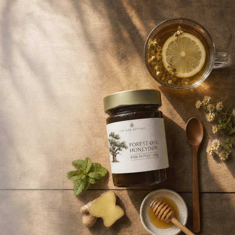 A jar of Raw Honey from The Raw Kitchen, Forest Oak Honeydew, styled on a rustic wooden table with a glass mug of chamomile tea with lemon, a wooden spoon, a small dish of honey, ginger, and mint.