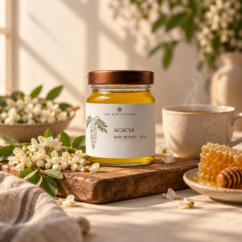 A jar of acacia raw honey from The Raw Kitchen sits on a wooden board in a warm, styled setting with white blossoms, a cup of tea, and honeycomb.