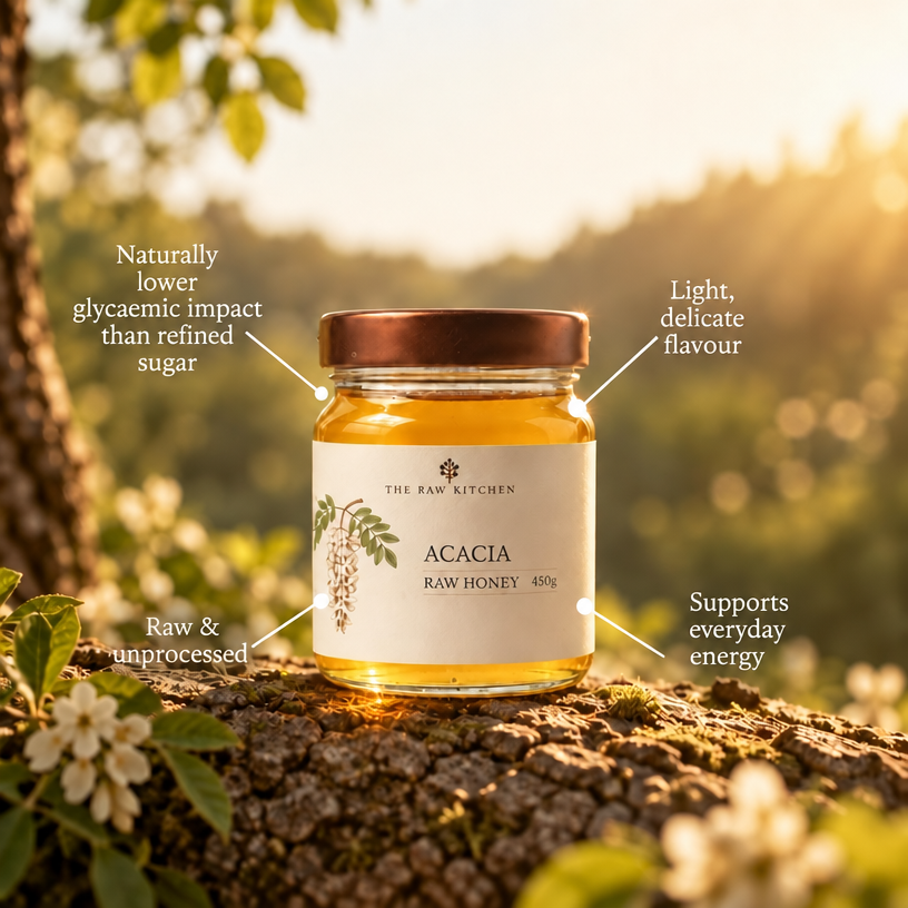 A jar of acacia raw honey from The Raw Kitchen sits on a tree branch outdoors, surrounded by soft-focus leaves and sunlight. White text callouts around the jar describe its benefits: naturally lower glycemic impact, light delicate flavor, raw and unprocessed, and support for everyday energy.