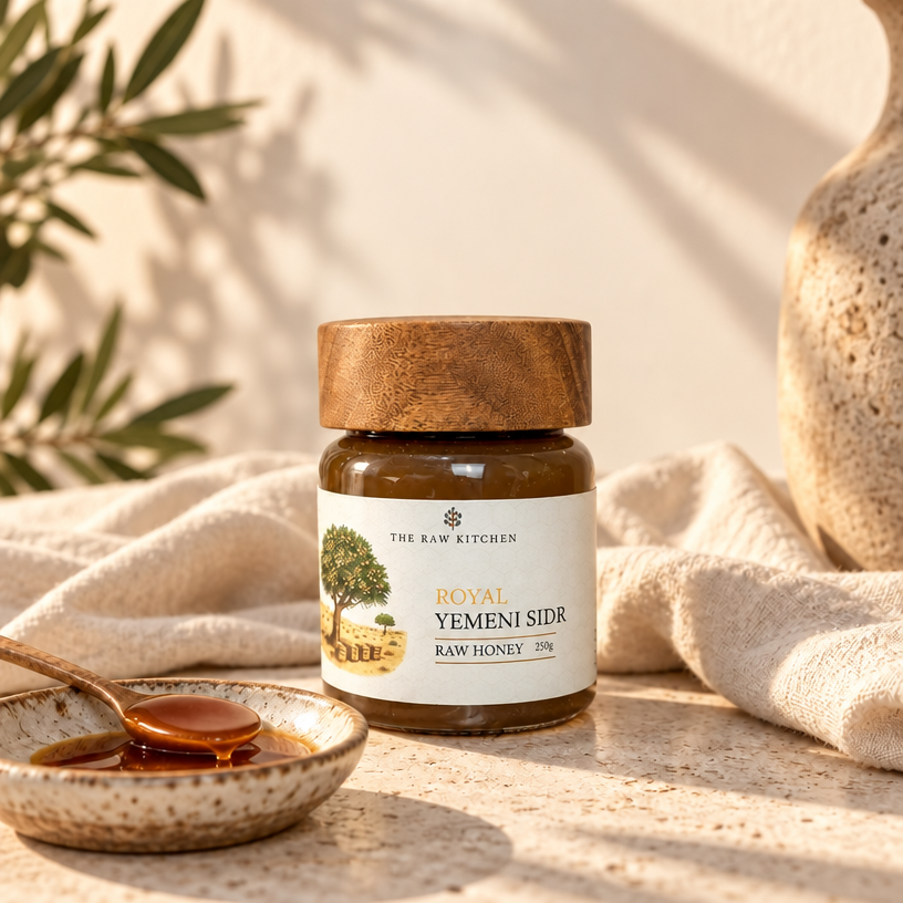 A jar of Royal Yemeni Sidr raw honey by The Raw Kitchen, featuring a wooden lid and cream label, styled on a stone surface with a small dish of honey and draped beige cloth.