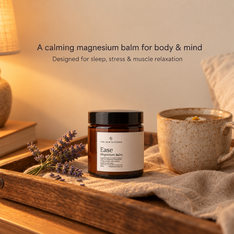 Ease Magnesium Balm jar on linen, black lid and beige label