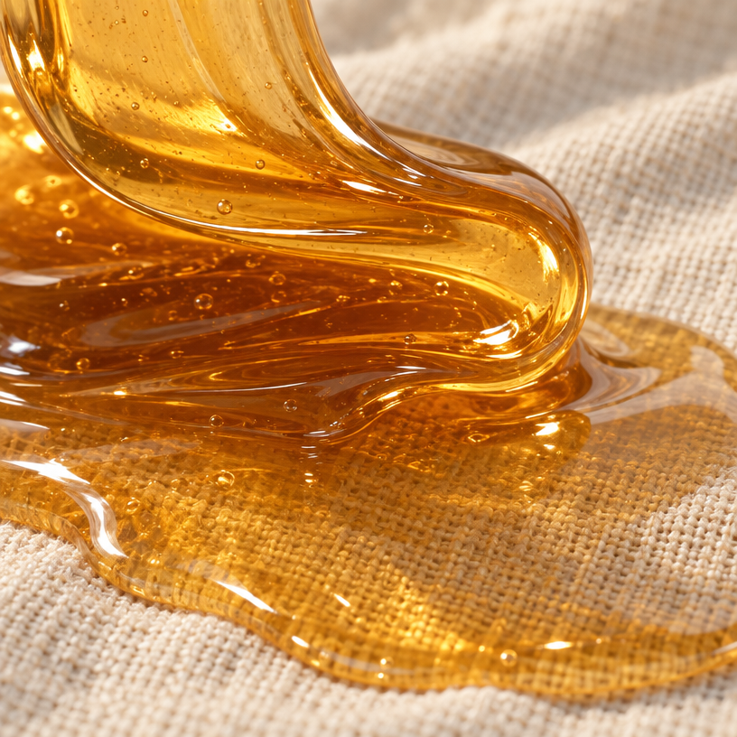 Amber raw honey stream on glass, thick golden drops on cloth