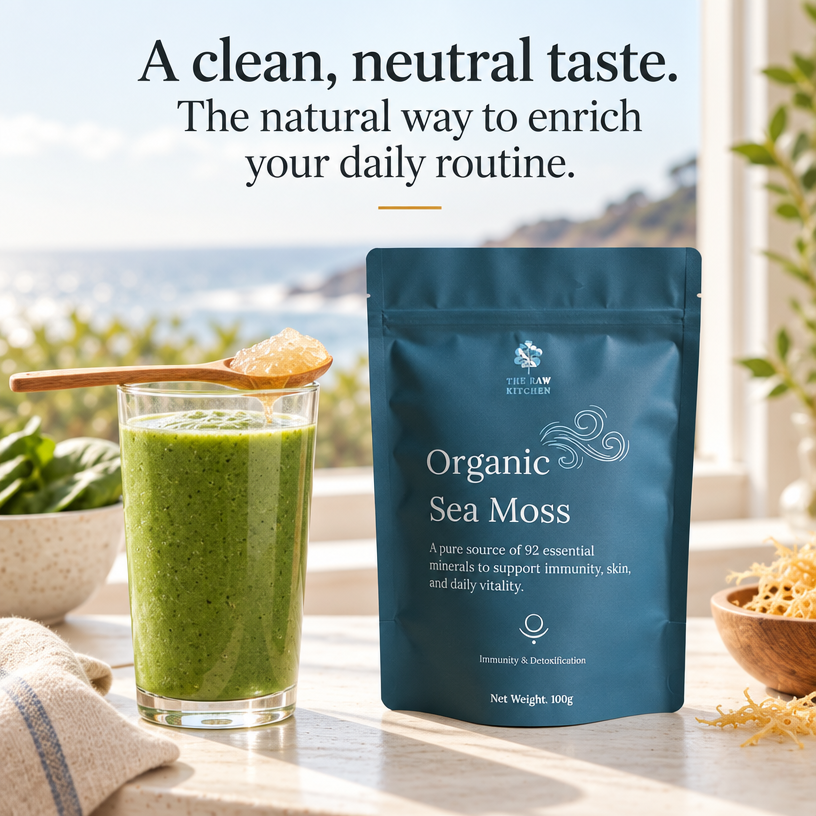 Teal organic sea moss pouch beside green smoothie in glass