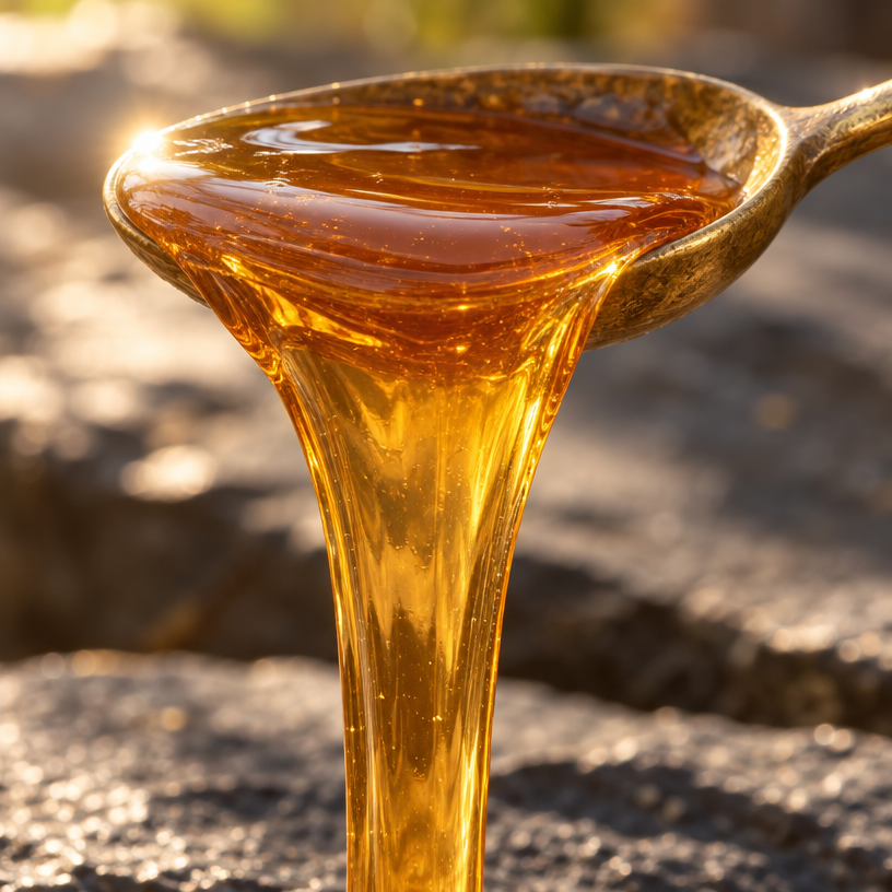 Raw honey pour in a spoonful, golden amber syrup texture.