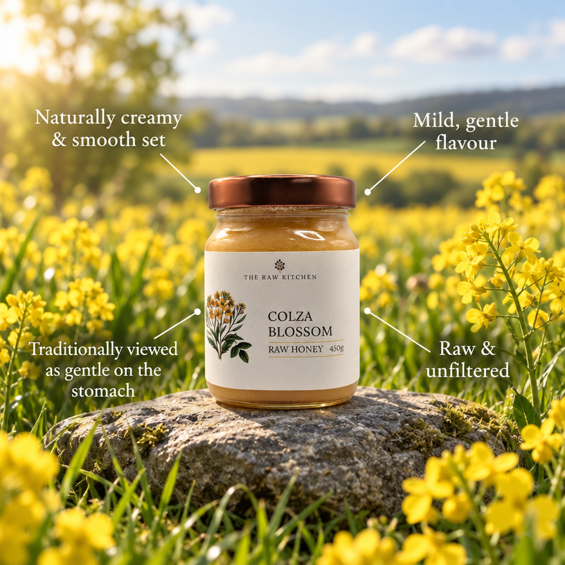A jar of The Raw Kitchen Colza Blossom Raw Honey sits on a large stone in a field of yellow flowers, surrounded by text callouts describing its creamy texture, gentle flavor, and digestive benefits.