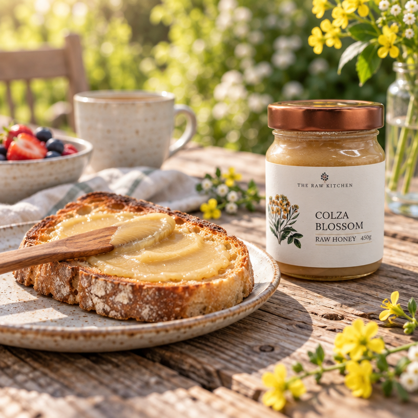 A jar of 'The Raw Kitchen' Colza Blossom raw honey sits on a rustic wooden table next to a plate of toast spread with honey, set against a bright, sunlit outdoor garden background.