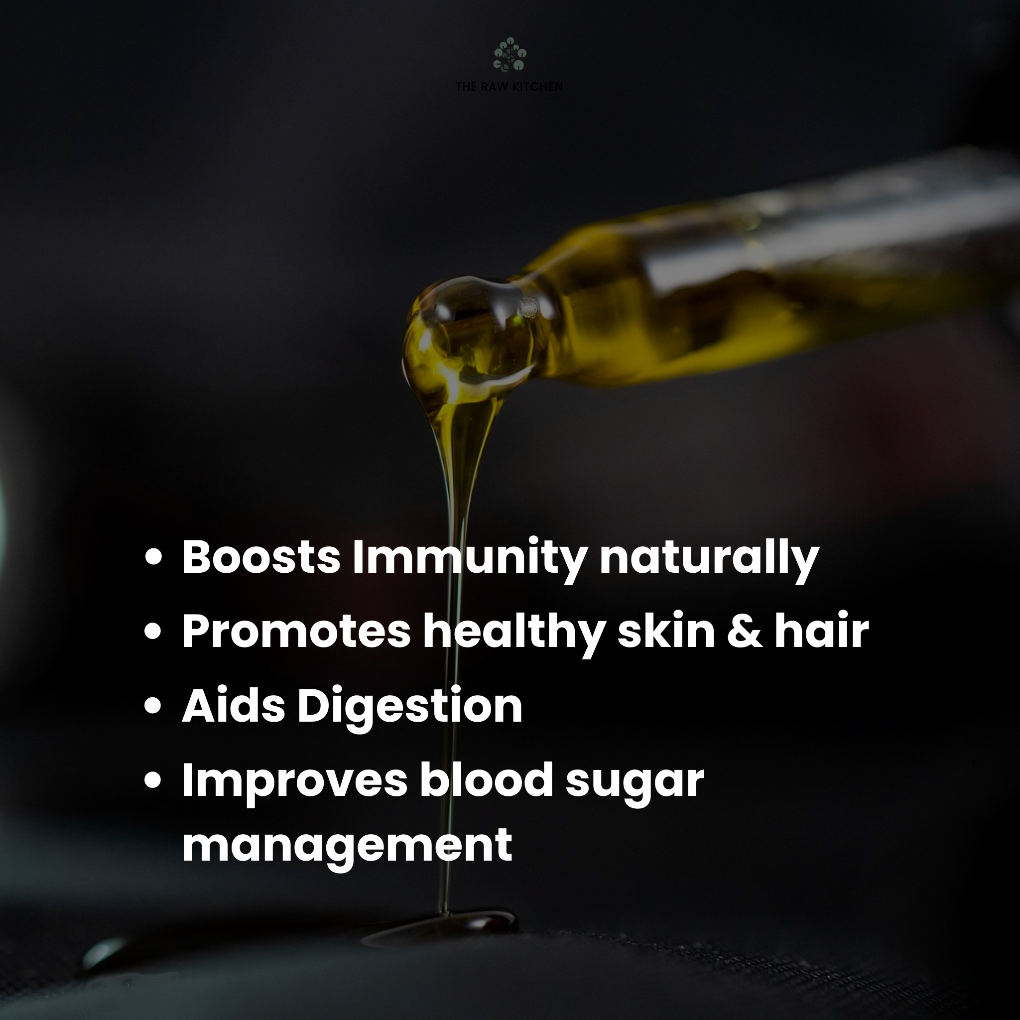 An infographic highlighting the health benefits of black seed oil, such as boosting immunity, promoting healthy skin and hair, and aiding digestion - The Raw Kitchen UK.