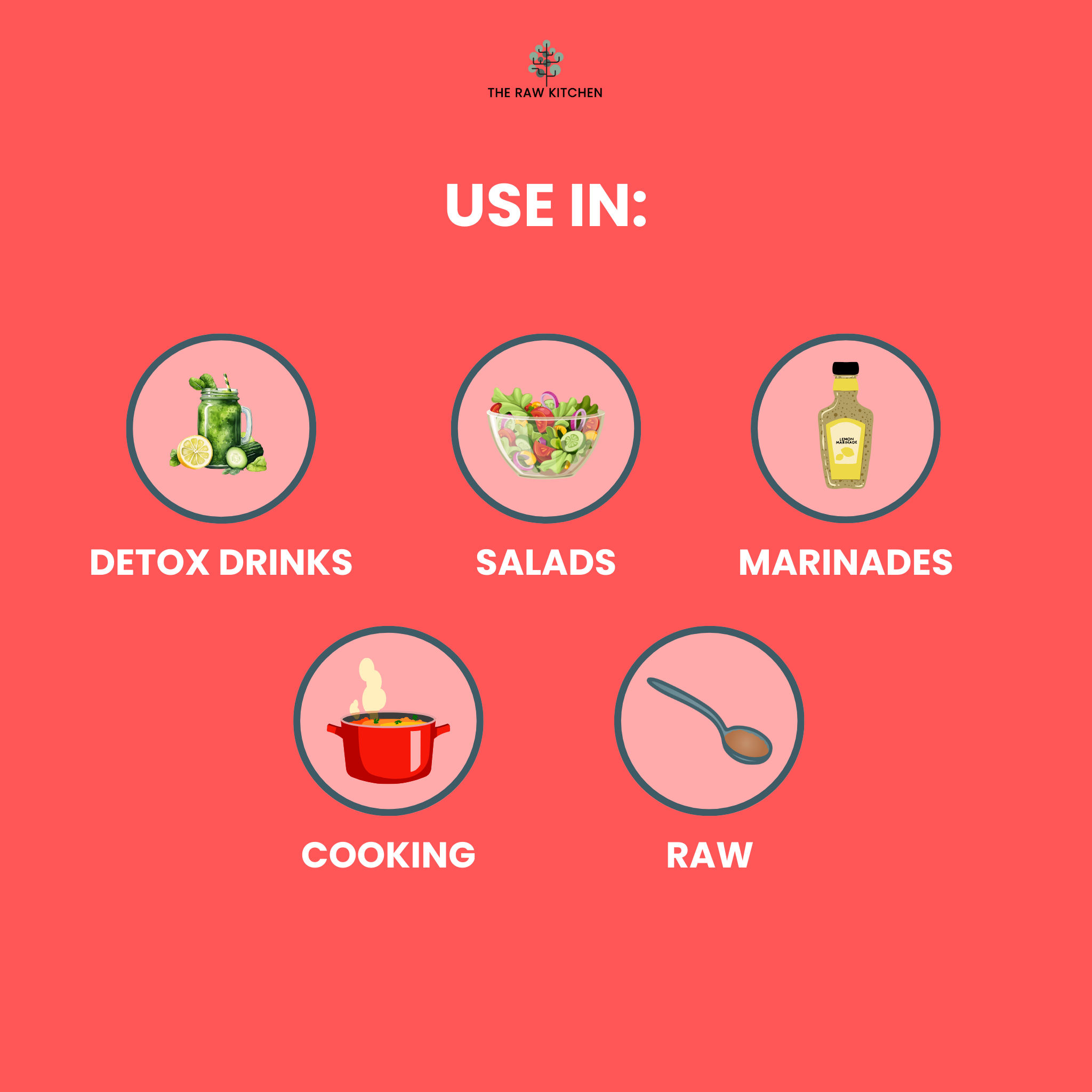A graphic showing the many ways to use Apple Cider Vinegar from The Raw Kitchen UK, including in detox drinks, salads, marinades, and for cooking.