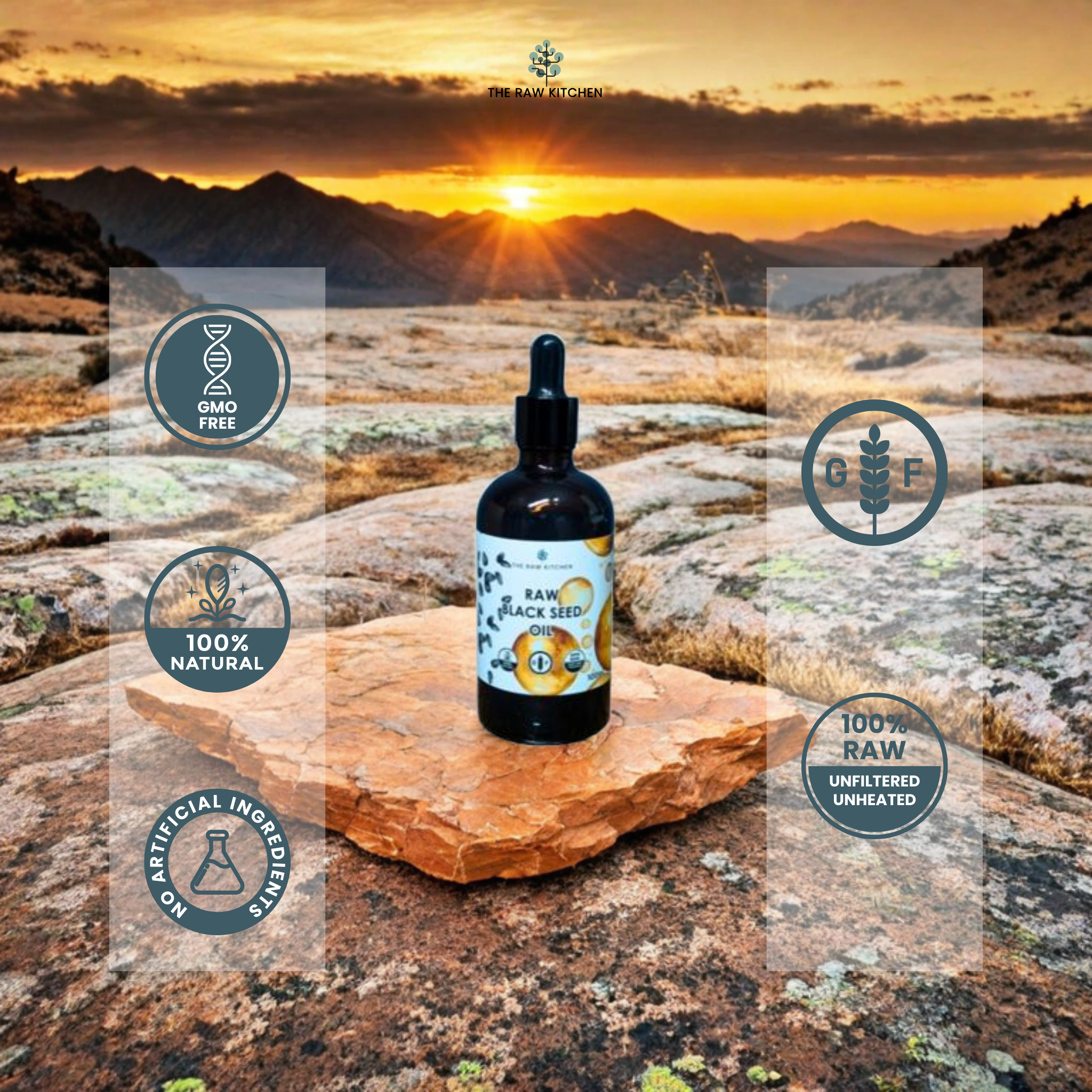 A bottle of Raw Black Seed Oil in a mountain sunset setting, with trust badges showing it is GMO-Free, 100% Natural, and Raw - The Raw Kitchen UK.