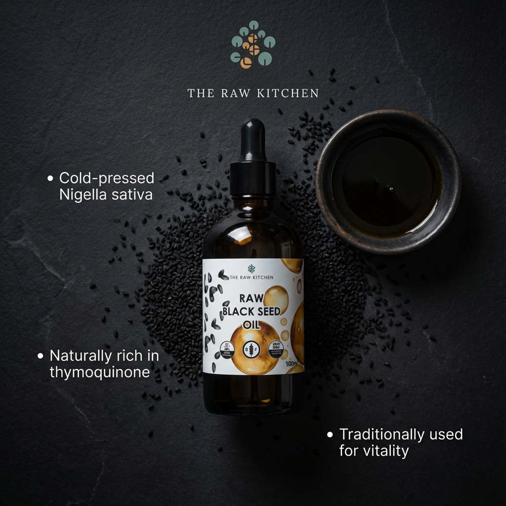 Bottle of Raw Black Seed Oil from The Raw Kitchen on a dark background with seeds and oil dropper.