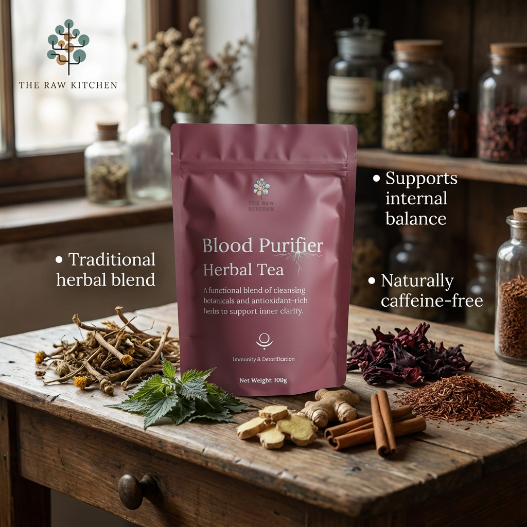 Purple package of Blood Purifier Herbal Tea on a wooden surface with tea ingredients and 'The Raw Kitchen' branding.