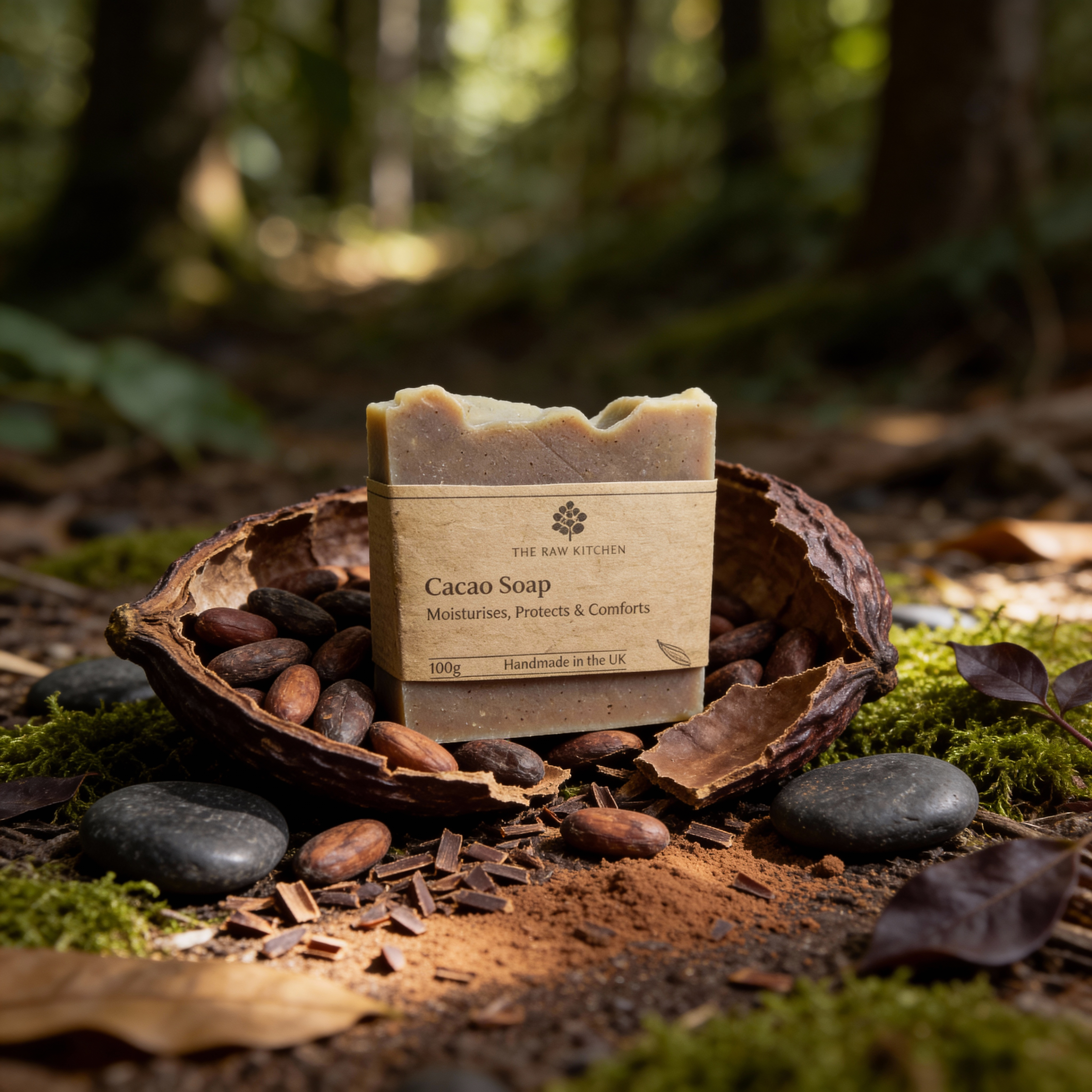 a bar of cacao soap inside an open cacao pod with cacao beans surrounding it.