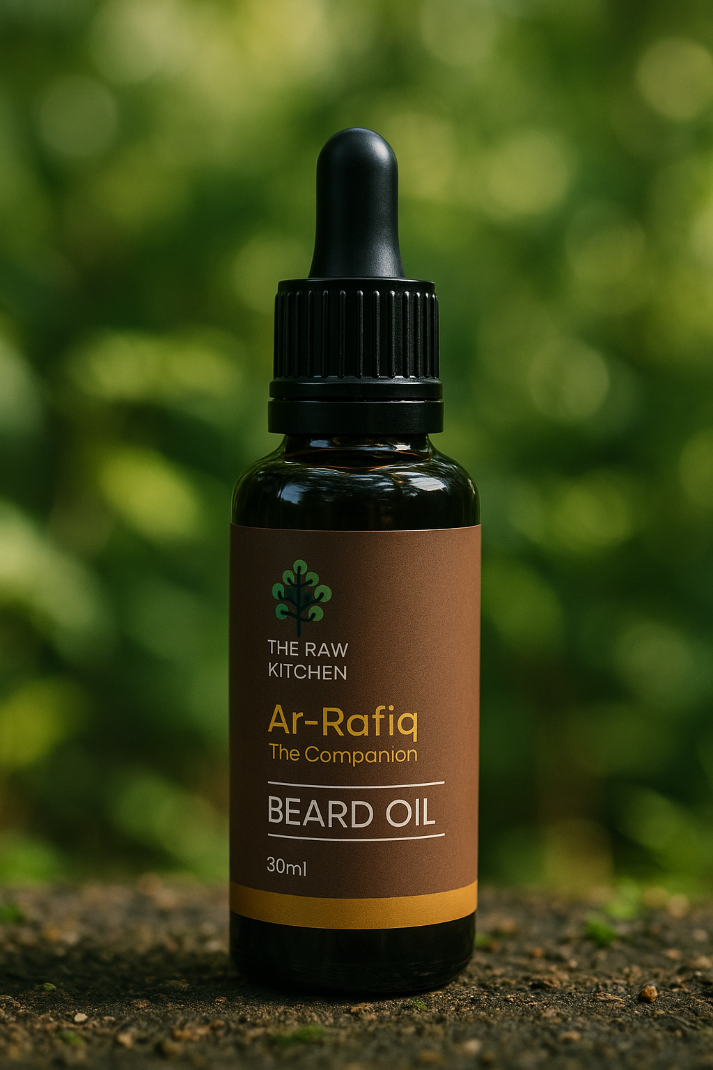 A close-up of the Ar-Rafiq Beard Oil bottle from The Raw Kitchen UK in a lush, green, natural setting.