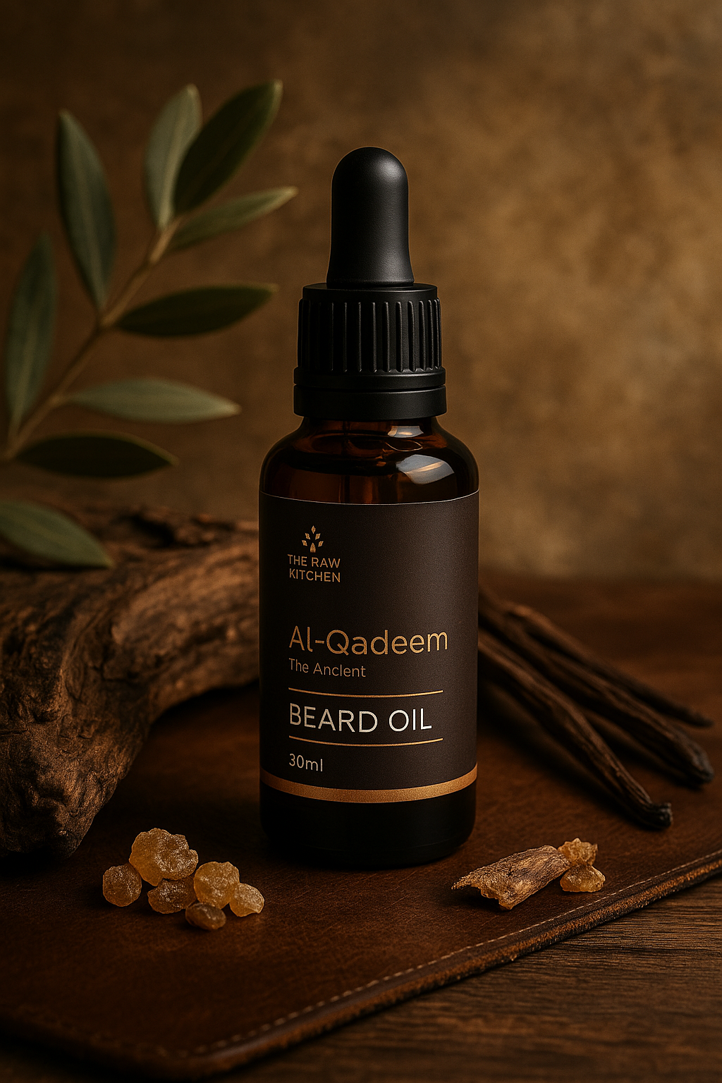 Al-Qadeem Beard Oil from The Raw Kitchen UK, surrounded by its natural fragrance ingredients like frankincense resin and vanilla beans.