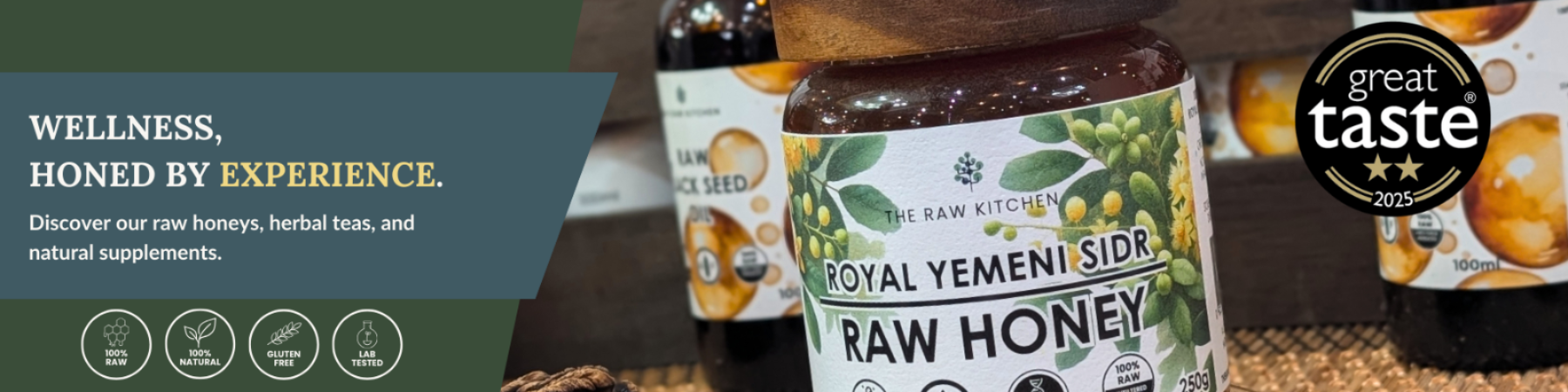 Raw honey packaging with 'Great Taste' award on a wooden surface