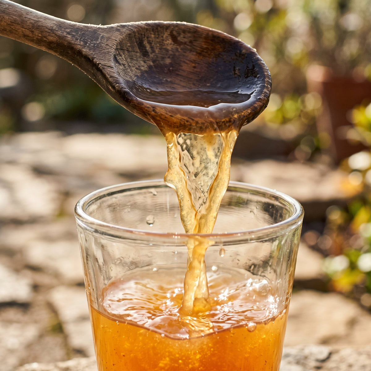 Amber vinegar pouring into a clear glass cup from a wooden spoon