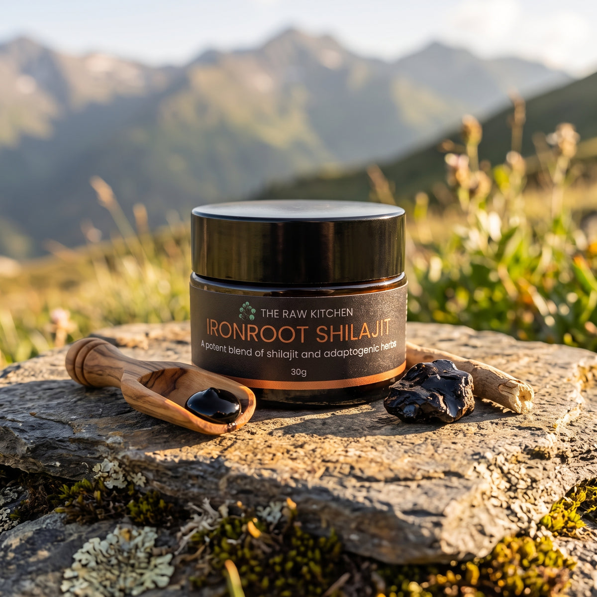 A jar of The Raw Kitchen Ironroot Shilajit placed on a stone outdoors, with a wooden spoon holding dark resin, a piece of shilajit, and blurred mountains in the background.