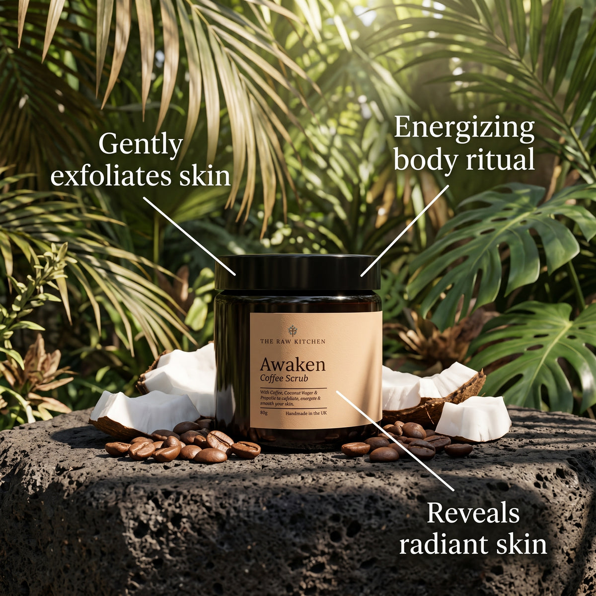 Awaken coconut sugar and coffee scrub jar with scattered coffee beans