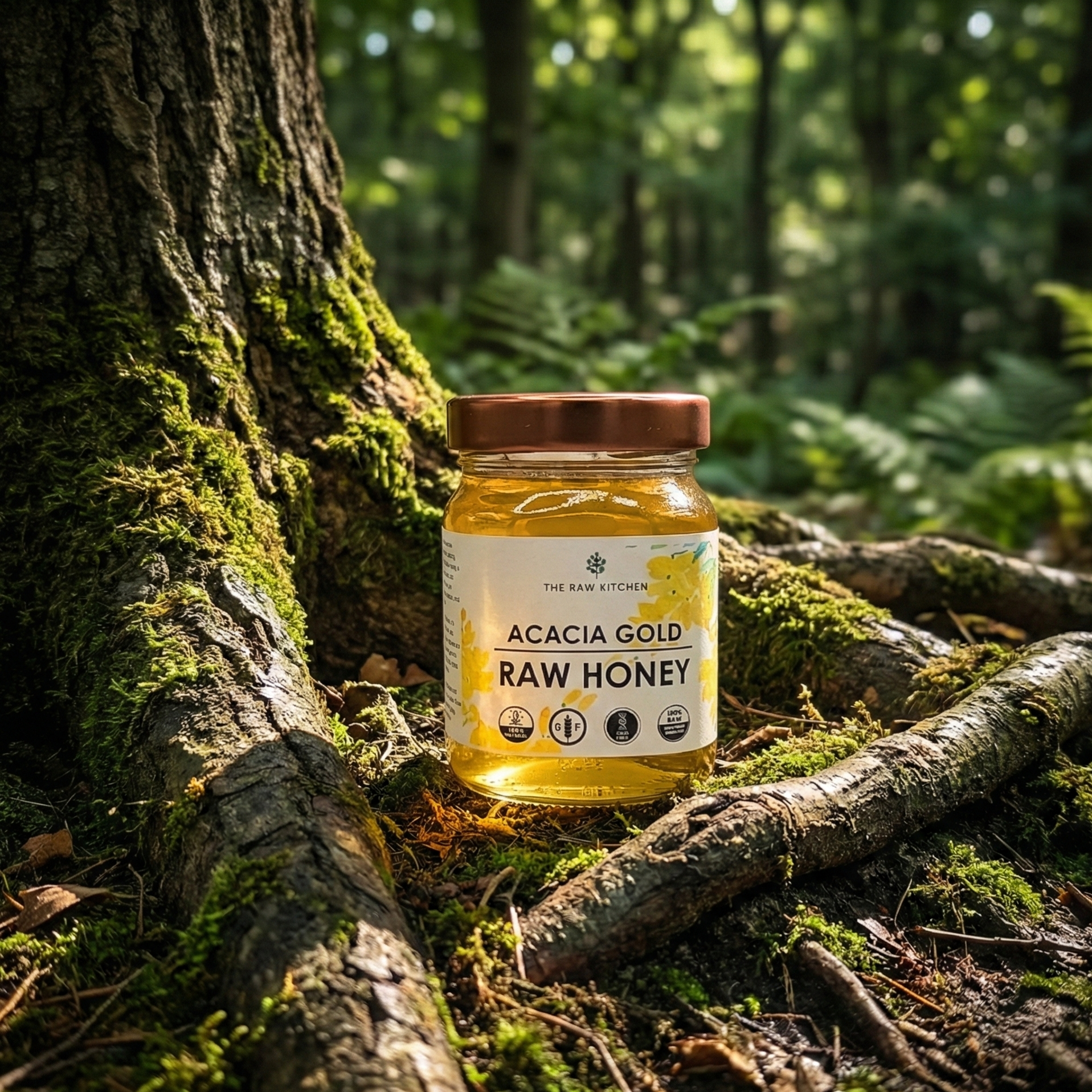 Jar of Acacia Gold Raw Honey on a forest floor with trees and foliage in the background