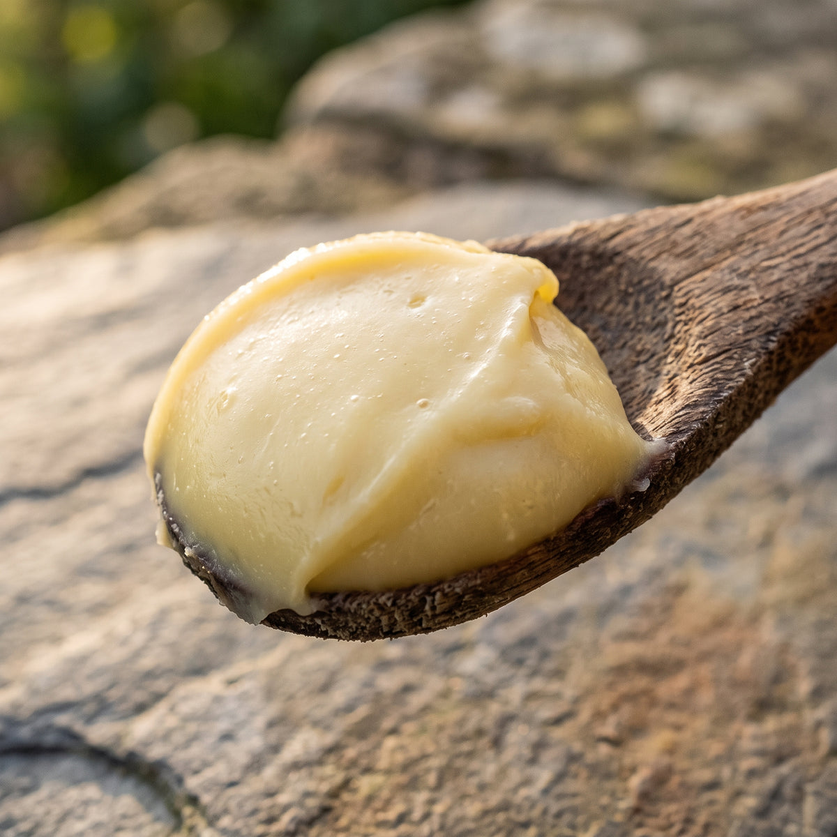Scoop of pale yellow bee cream on a wooden spoon, thick moisturizer texture