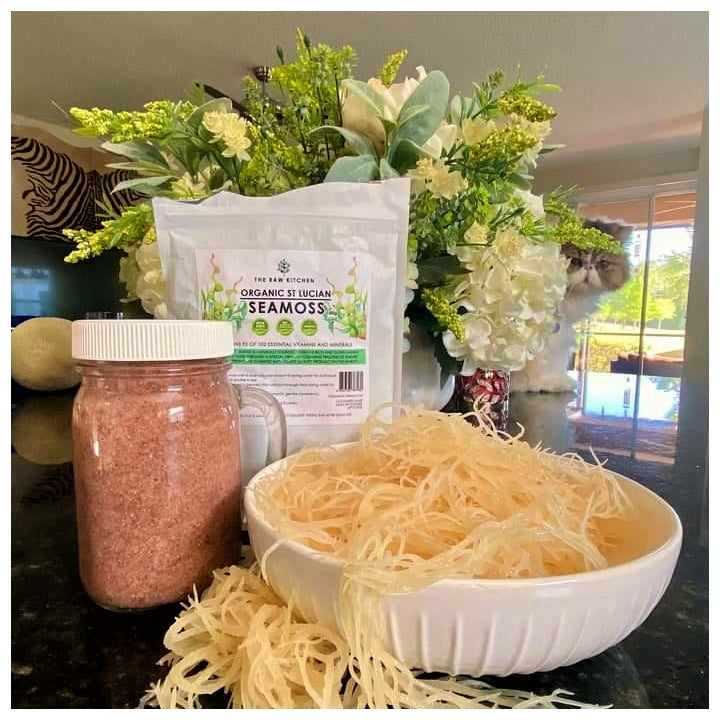 A lifestyle image showing a bowl of raw Organic St Lucian Seamoss ready for preparation in a home kitchen - The Raw Kitchen UK.