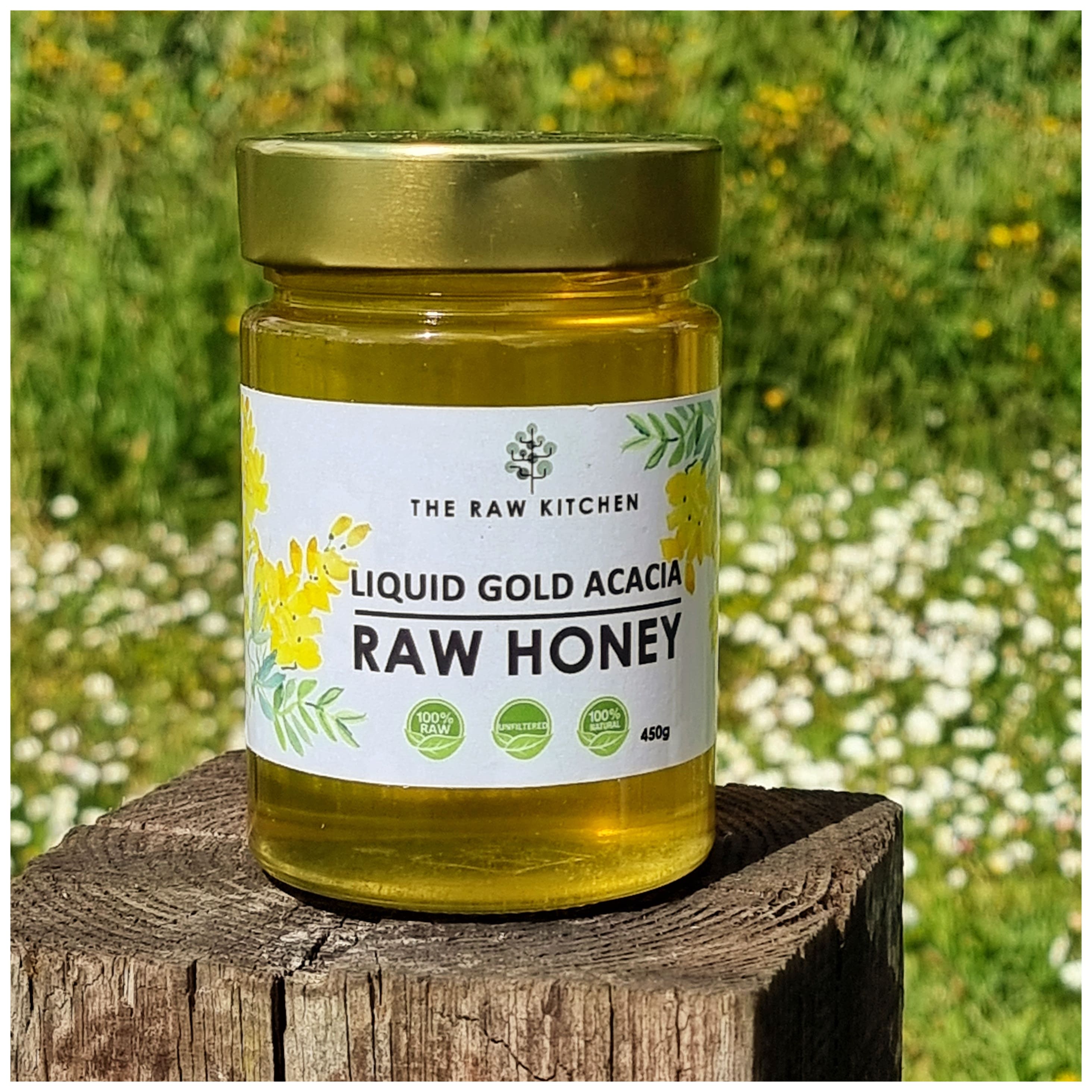 A 450g glass jar of Acacia Raw Honey with a gold lid and branded label placed on a fence post in a park - The Raw Kitchen UK.