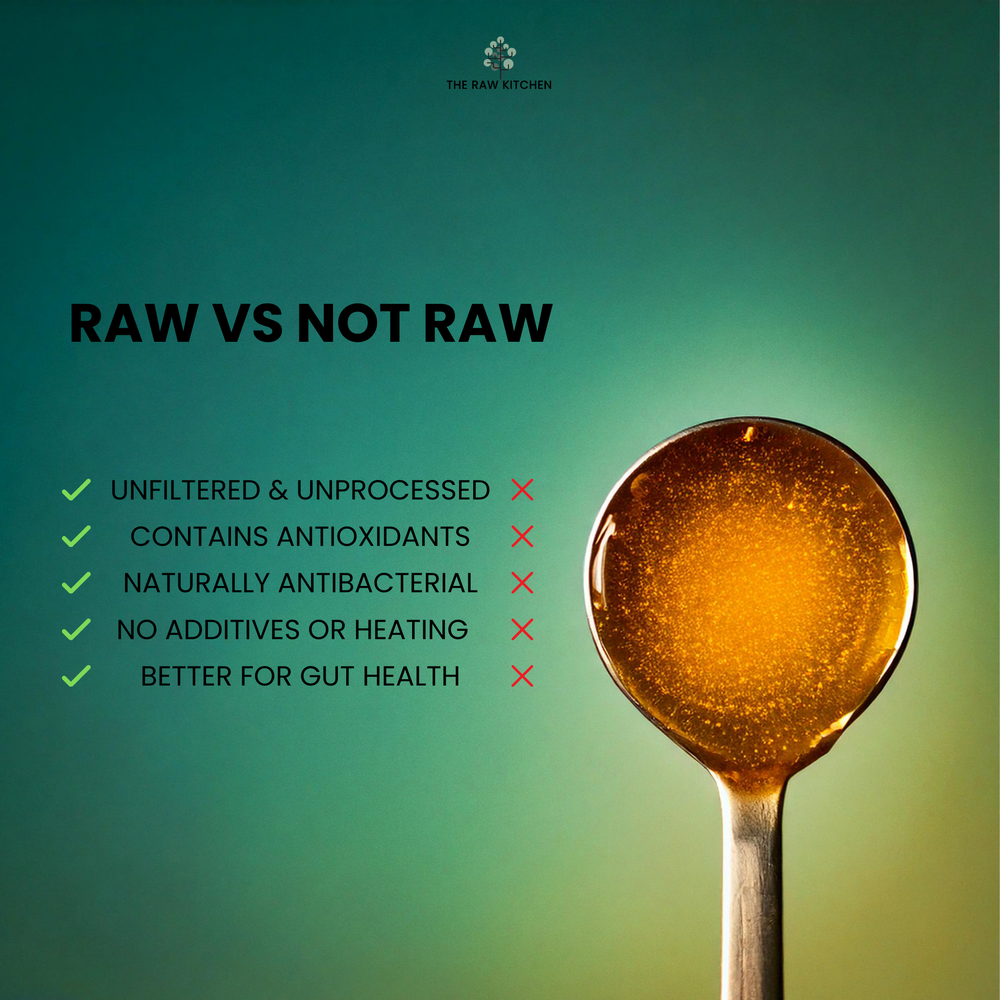 An infographic from The Raw Kitchen UK comparing raw vs processed honey, highlighting the benefits of raw honey like being unfiltered, containing antioxidants, and supporting gut health.