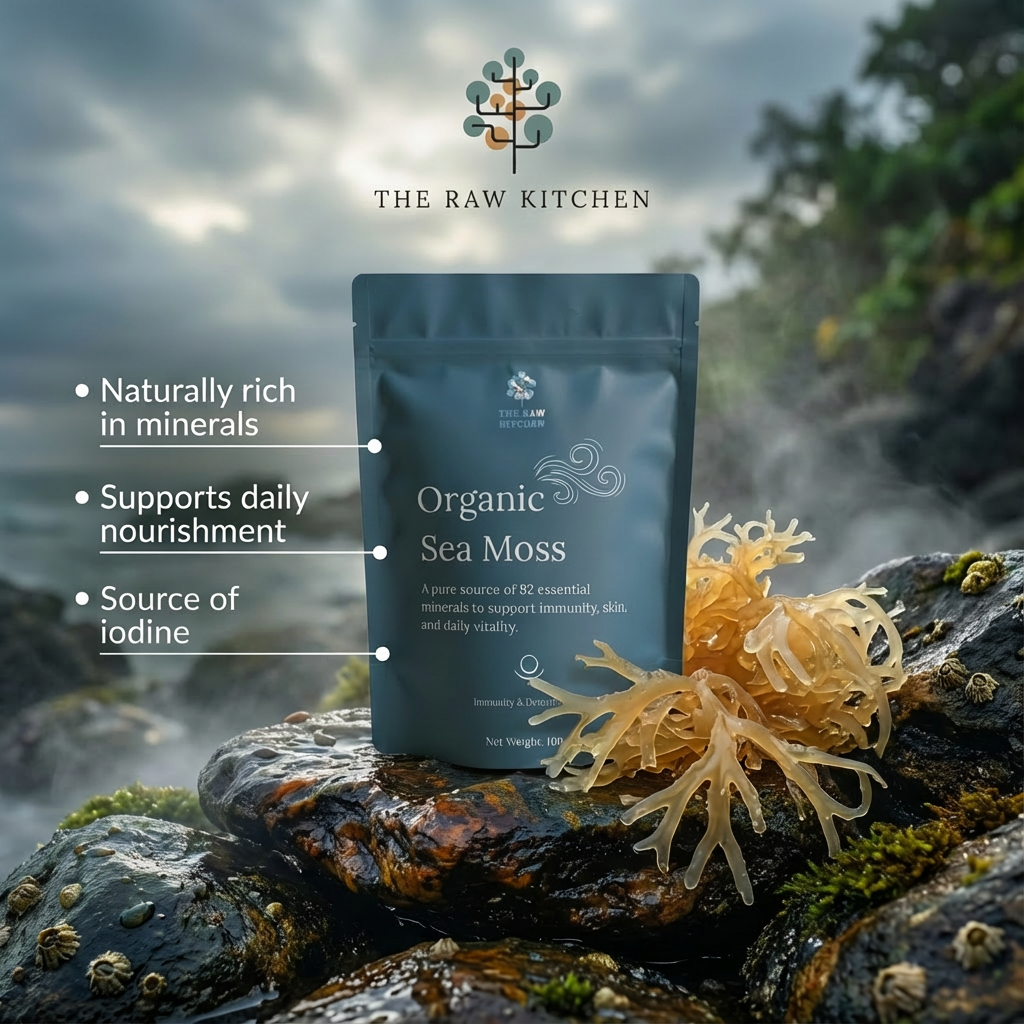 Package of Organic Sea Moss from The Raw Kitchen on a rocky background