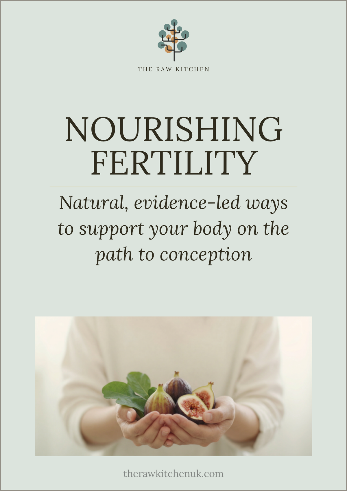 Nourishing Fertility ebook cover with hands holding herbs and natural subtitle